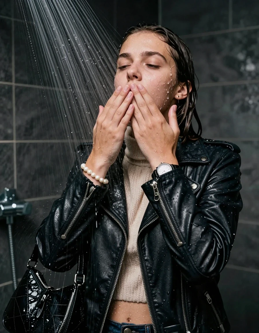 photo of young woman, in soaking wet, drenched clothes,
, , Biker leatherjacket, knit turtleneck sweater belly free, handbag, pearl necklace, bracelet, wristwatch, Under the shower, strong jet of water, party room, 
enjoying, wet clothes stuck to body,
detailed textures of the wet clothes, wet face, wet plastered hair,
wet, drenched, professional, high-quality details, full body view.
sharp focus, ultra-high pixel detail, realistic, high-quality, full colors, incredibly detailed, 4k, 8k, 16k, hyper-realistic, RAW photo, masterpiece, ultra-detailed, professionally color graded, professional photograph, Collarbone bob

 15 years old  school girl

Only head and shoulders are over the surface visible. Open mouth, closed eyes. Looking up. One Hand down. One Hand on her mouth.

The girls wear different clothes.

she is completely underwater up to her neck, surprised and astonished expression. 

her clothing is soaking wet and clinging tightly to her skin, showing heavy wet folds, darkened fabric texture, and deep water-saturated Patches, her clothes are heavy from the water, water runs from her body and her clothes in streams. A lot of water also runs out of her clothes. Her clothes are darkened by the water. Her submerged clothes are good visible under the water.  she soaked her handbag into the water.

close up view, wet skin, wet clothes, wet hair, damp fabric, water runs down the clothes, wet skin, wet clothes, damp fabric. cinematic medium shot, hyper-realistic wetness, high-contrast water sheen, sharp focus, 16k resolution, professional photography, realistic water physics., wet skin, wet clothes, damp fabric, wet skin, wet clothes, damp fabric, wet skin, wet clothes, damp fabric, wet skin, wet clothes, damp fabric, wet skin, wet clothes, damp fabric, wet skin, wet clothes, damp fabric