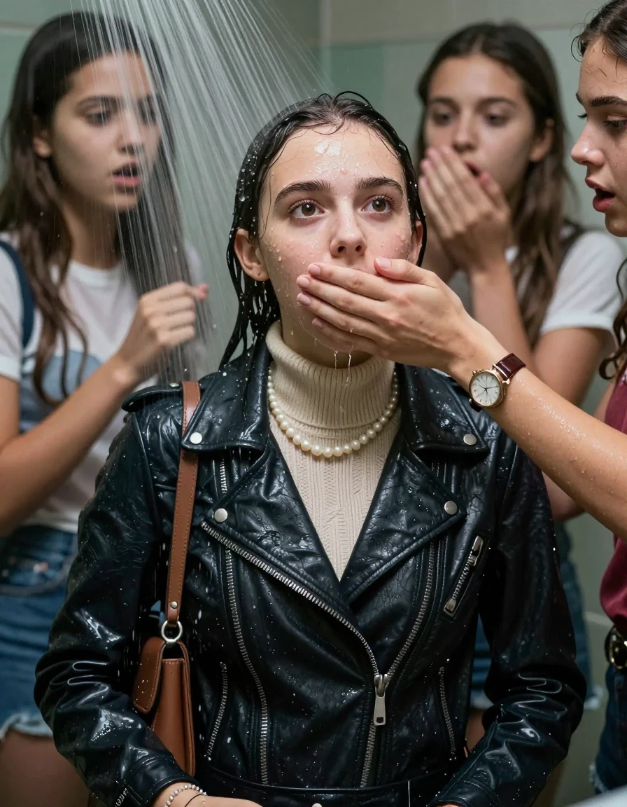 photo of young woman, in soaking wet, drenched clothes,
, , Biker leatherjacket, knit turtleneck sweater belly free, handbag, pearl necklace, bracelet, wristwatch, Under the shower, strong jet of water, party room, 
enjoying, wet clothes stuck to body,
detailed textures of the wet clothes, wet face, wet plastered hair,
wet, drenched, professional, high-quality details, full body view.
sharp focus, ultra-high pixel detail, realistic, high-quality, full colors, incredibly detailed, 4k, 8k, 16k, hyper-realistic, RAW photo, masterpiece, ultra-detailed, professionally color graded, professional photograph, Sleek Collarbone bob

 15 years old  school girl and her friends

Only head and shoulders are over the surface visible. Open mouth, big eyes. Her mouth is covered by her friends Hand.

The girls wear different clothes.

she is completely underwater up to her neck, surprised and astonished expression. 

her clothing is soaking wet and clinging tightly to her skin, showing heavy wet folds, darkened fabric texture, and deep water-saturated Patches, her clothes are heavy from the water, water runs from her body and her clothes in streams. A lot of water also runs out of her clothes. Her clothes are darkened by the water. Her submerged clothes are good visible under the water.  she soaked her handbag into the water.

close up view, wet skin, wet clothes, wet hair, damp fabric, water runs down the clothes, wet skin, wet clothes, damp fabric. cinematic medium shot, hyper-realistic wetness, high-contrast water sheen, sharp focus, 16k resolution, professional photography, realistic water physics., wet skin, wet clothes, damp fabric, wet skin, wet clothes, damp fabric, wet skin, wet clothes, damp fabric, wet skin, wet clothes, damp fabric, wet skin, wet clothes, damp fabric, wet skin, wet clothes, damp fabric