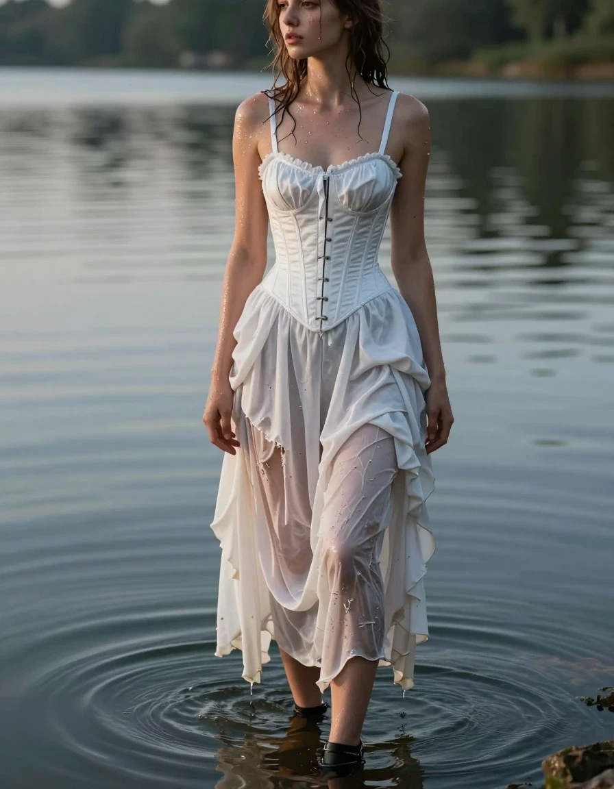 A full-body photorealistic shot of a young adult European woman standing in a serene lake, her skin and hair glistening with water. She is wearing a structured corset and a layered white Victorian skirt with a matching underskirt, all heavily soaked and clinging to her body, with fabric darkened by water, heavy folds, and translucent patches where the material is saturated. She wears black heels that are partially submerged in the water. The scene captures the realistic weight and texture of wet fabric, with water sheen and specular highlights on her skin and the damp clothing. The environment is a tranquil lake at dusk with soft, natural lighting reflecting off the water's surface, creating a cinematic and moody atmosphere. High-detail photography, 8k resolution, sharp focus on textures and wet surfaces, realistic human anatomy.