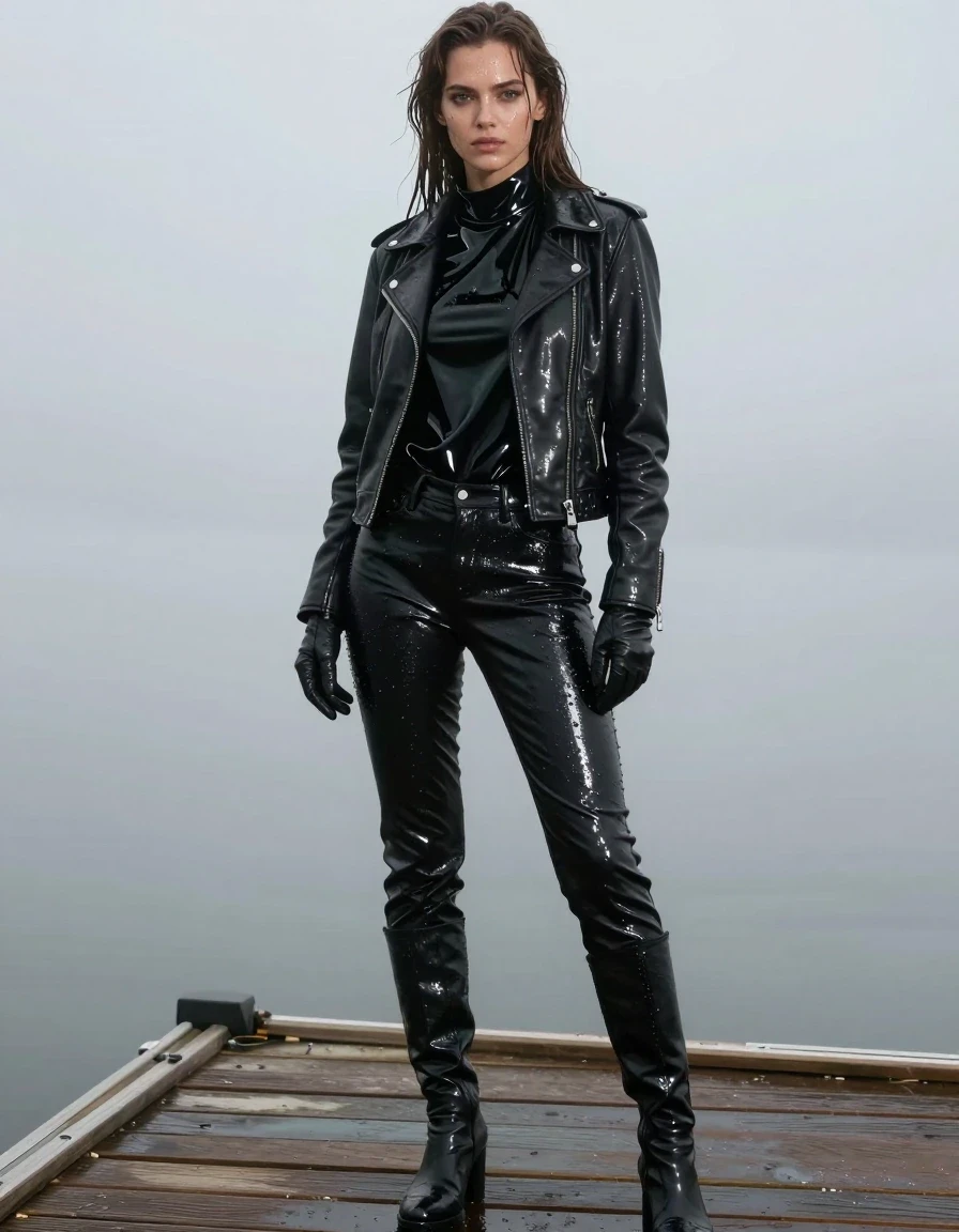 A young adult European woman with long dripping wet brown hair, standing on a wooden pier at the docks in heavy mist. She is wearing an oversize black vinyl polar neck shirt with a high glossy sheen, a black biker's leather jacket, and black leather gloves on both hands. She is wearing black leather jeans that are visibly soaked, with deep dark tones, heavy wet folds, and strong specular reflections on the seams and creases. She is wearing black leather knee-high boots. Her skin is drenched and glistening with water, and her clothes are saturated, clinging to her frame with heavy damp fabric textures. The atmosphere is moody and cinematic with thick fog rolling over the water. High-resolution photorealistic style, sharp focus on wet textures and fabric weight, no nudity, fully clothed, clean anatomy.