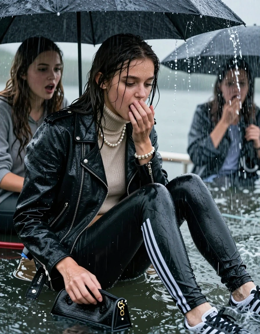 photo of young woman, in soaking wet, drenched clothes,
Adidas Samba black striped, Black leatherleggings , Biker leatherjacket, knit turtleneck sweater belly free, handbag, pearl necklace, bracelet, wristwatch, Sitting Under a flood of water from the canopy of a sinking boat during extremely heavy rain, 
enjoying, wet clothes stuck to body,
detailed textures of the wet clothes, wet face, wet plastered hair,
wet, drenched, professional, high-quality details, full body view.
sharp focus, ultra-high pixel detail, realistic, high-quality, full colors, incredibly detailed, 4k, 8k, 16k, hyper-realistic, RAW photo, masterpiece, ultra-detailed, professionally color graded, professional photograph, 15 years old teenage girl and her friends. Completely soaked to the Skin.

Open mouth, hands on her mouth, looking down. One Hand Covers her friends mouth. 

The girls wear different clothes.

she is completely underwater up to her neck, surprised and astonished expression. 

her clothing is soaking wet and clinging tightly to her skin, showing heavy wet folds, darkened fabric texture, and deep water-saturated Patches, her clothes are heavy from the water, water runs from her body and her clothes in streams. A lot of water also runs out of her clothes. Her clothes are darkened by the water. Her submerged clothes are good visible under the water.  she soaked her handbag into the water.

close up view, wet skin, wet clothes, wet hair, damp fabric, water runs down the clothes, wet skin, wet clothes, damp fabric. cinematic medium shot, hyper-realistic wetness, high-contrast water sheen, sharp focus, 16k resolution, professional photography, realistic water physics., wet skin, wet clothes, damp fabric, wet skin, wet clothes, damp fabric, wet skin, wet clothes, damp fabric, wet skin, wet clothes, damp fabric, wet skin, wet clothes, damp fabric, wet skin, wet clothes, damp fabric, wet skin, wet clothes, damp fabric, wet skin, wet clothes, damp fabric, wet skin, wet clothes, damp fabric