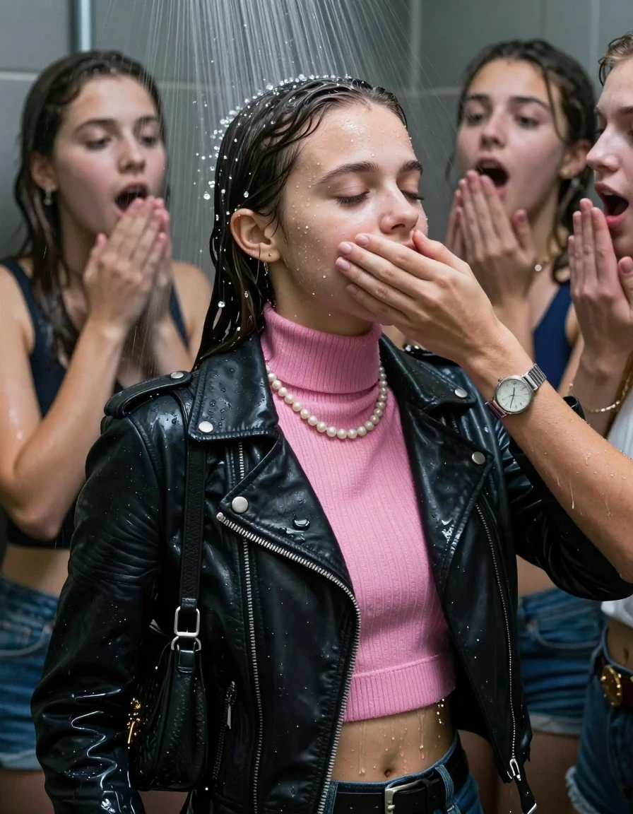 photo of young woman, in soaking wet, drenched clothes,
, , Biker leatherjacket, pink knit turtleneck sweater belly free, shoulderbag, pearl necklace, bracelet, wristwatch, Orgasm Under the shower, strong jet of water, party room, 
enjoying, wet clothes stuck to body,
detailed textures of the wet clothes, wet face, wet plastered hair,
wet, drenched, professional, high-quality details, full body view.
sharp focus, ultra-high pixel detail, realistic, high-quality, full colors, incredibly detailed, 4k, 8k, 16k, hyper-realistic, RAW photo, masterpiece, ultra-detailed, professionally color graded, professional photograph, Sleek long ponytail with bangs

 15 years old  school girl and her female  friends

Only head and shoulders are over the surface visible. Looking slightly away. Open mouth, closed eyes. Her mouth is covered by her friends Hand.

The girls wear different clothes. All girls have an orgasm. 

she is completely underwater up to her neck, surprised and astonished expression. 

her clothing is soaking wet and clinging tightly to her skin, showing heavy wet folds, darkened fabric texture, and deep water-saturated Patches, her clothes are heavy from the water, water runs from her body and her clothes in streams. A lot of water also runs out of her clothes. Her clothes are darkened by the water. Her submerged clothes are good visible under the water.  she soaked her handbag into the water.

close up view, wet skin, wet clothes, wet hair, damp fabric, water runs down the clothes, wet skin, wet clothes, damp fabric. cinematic medium shot, hyper-realistic wetness, high-contrast water sheen, sharp focus, 16k resolution, professional photography, realistic water physics., wet skin, wet clothes, damp fabric, wet skin, wet clothes, damp fabric, wet skin, wet clothes, damp fabric, wet skin, wet clothes, damp fabric, wet skin, wet clothes, damp fabric, wet skin, wet clothes, damp fabric, wet skin, wet clothes, damp fabric, wet skin, wet clothes, damp fabric