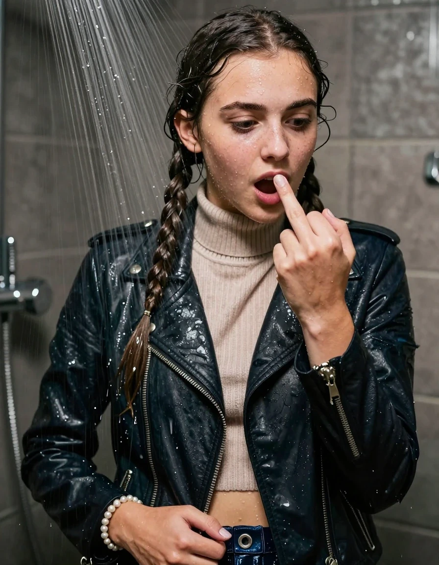 photo of young woman, in soaking wet, drenched clothes,
, , Biker leatherjacket, knit turtleneck sweater belly free, handbag, pearl necklace, bracelet, wristwatch, Under the shower, strong jet of water, party room, 
enjoying, wet clothes stuck to body,
detailed textures of the wet clothes, wet face, wet plastered hair,
wet, drenched, professional, high-quality details, full body view.
sharp focus, ultra-high pixel detail, realistic, high-quality, full colors, incredibly detailed, 4k, 8k, 16k, hyper-realistic, RAW photo, masterpiece, ultra-detailed, professionally color graded, professional photograph, Two long braids 

 15 years old  school girl

Only head and shoulders are over the surface visible. Open mouth, big eyes. Looking down. Shows her middle finger with one hand. One Hand on her mouth.

The girls wear different clothes.

she is completely underwater up to her neck, surprised and astonished expression. 

her clothing is soaking wet and clinging tightly to her skin, showing heavy wet folds, darkened fabric texture, and deep water-saturated Patches, her clothes are heavy from the water, water runs from her body and her clothes in streams. A lot of water also runs out of her clothes. Her clothes are darkened by the water. Her submerged clothes are good visible under the water.  she soaked her handbag into the water.

close up view, wet skin, wet clothes, wet hair, damp fabric, water runs down the clothes, wet skin, wet clothes, damp fabric. cinematic medium shot, hyper-realistic wetness, high-contrast water sheen, sharp focus, 16k resolution, professional photography, realistic water physics., wet skin, wet clothes, damp fabric, wet skin, wet clothes, damp fabric, wet skin, wet clothes, damp fabric, wet skin, wet clothes, damp fabric, wet skin, wet clothes, damp fabric
