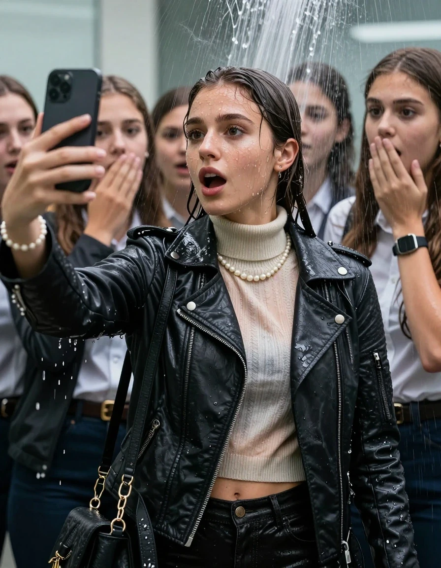 photo of young woman, in soaking wet, drenched clothes,
, , Biker leatherjacket, knit turtleneck sweater belly free, handbag, pearl necklace, bracelet, wristwatch, Under the sprinkler at office, strong jet of water, 
enjoying, wet clothes stuck to body,
detailed textures of the wet clothes, wet face, wet plastered hair,
wet, drenched, professional, high-quality details, full body view.
sharp focus, ultra-high pixel detail, realistic, high-quality, full colors, incredibly detailed, 4k, 8k, 16k, hyper-realistic, RAW photo, masterpiece, ultra-detailed, professionally color graded, professional photograph, 15 years old  school girl and her friends. Completely soaked to the Skin.

Only head and shoulders are over the surface visible. One Hand Covers her friends mouth. Take a Selfie with her Smartphone.

The girls wear different clothes.

she is completely underwater up to her neck, surprised and astonished expression. 

her clothing is soaking wet and clinging tightly to her skin, showing heavy wet folds, darkened fabric texture, and deep water-saturated Patches, her clothes are heavy from the water, water runs from her body and her clothes in streams. A lot of water also runs out of her clothes. Her clothes are darkened by the water. Her submerged clothes are good visible under the water.  she soaked her handbag into the water.

close up view, wet skin, wet clothes, wet hair, damp fabric, water runs down the clothes, wet skin, wet clothes, damp fabric. cinematic medium shot, hyper-realistic wetness, high-contrast water sheen, sharp focus, 16k resolution, professional photography, realistic water physics., wet skin, wet clothes, damp fabric, wet skin, wet clothes, damp fabric, wet skin, wet clothes, damp fabric, wet skin, wet clothes, damp fabric, wet skin, wet clothes, damp fabric, wet skin, wet clothes, damp fabric, wet skin, wet clothes, damp fabric