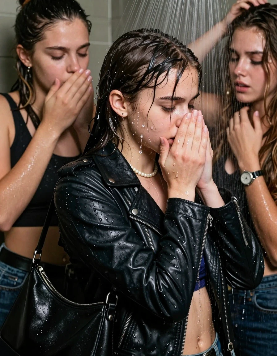 photo of young woman, in soaking wet, drenched clothes,
, , Biker leatherjacket, sweater belly free, shoulderbag, pearl necklace, bracelet, wristwatch, Orgasm Under the shower, strong jet of water, party room, 
enjoying, wet clothes stuck to body,
detailed textures of the wet clothes, wet face, wet plastered hair,
wet, drenched, professional, high-quality details, full body view.
sharp focus, ultra-high pixel detail, realistic, high-quality, full colors, incredibly detailed, 4k, 8k, 16k, hyper-realistic, RAW photo, masterpiece, ultra-detailed, professionally color graded, professional photograph, Sleek long ponytail with bangs

 15 years old  school girl and her female  friends

Only head and shoulders are over the surface visible. Looking down to the side.  closed eyes . Her mouth is covered by her friends Hand. hugs her friend.

The girls wear different clothes.

she is completely underwater up to her neck, horny and Strenuous painful expression. 

her clothing is soaking wet and clinging tightly to her skin, showing heavy wet folds, darkened fabric texture, and deep water-saturated Patches, her clothes are heavy from the water, water runs from her body and her clothes in streams. A lot of water also runs out of her clothes. Her clothes are darkened by the water. Her submerged clothes are good visible under the water.  she soaked her handbag into the water.

close up view, wet skin, wet clothes, wet hair, damp fabric, water runs down the clothes, wet skin, wet clothes, damp fabric. cinematic medium shot, hyper-realistic wetness, high-contrast water sheen, sharp focus, 16k resolution, professional photography, realistic water physics., wet skin, wet clothes, damp fabric, wet skin, wet clothes, damp fabric, wet skin, wet clothes, damp fabric, wet skin, wet clothes, damp fabric, wet skin, wet clothes, damp fabric, wet skin, wet clothes, damp fabric, wet skin, wet clothes, damp fabric, wet skin, wet clothes, damp fabric