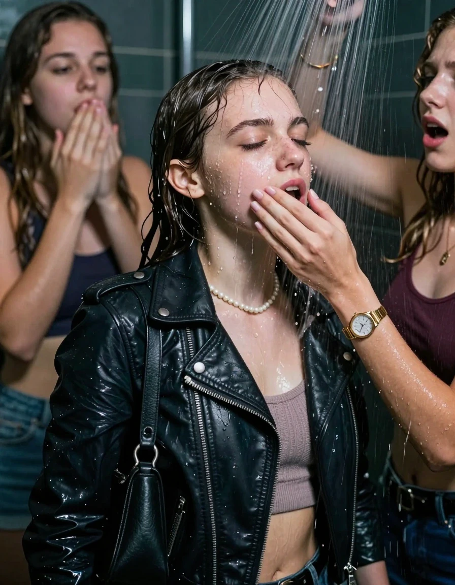 photo of young woman, in soaking wet, drenched clothes,
, , Biker leatherjacket, sweater belly free, shoulderbag, pearl necklace, bracelet, wristwatch, Orgasm Under the shower, strong jet of water, party room, 
enjoying, wet clothes stuck to body,
detailed textures of the wet clothes, wet face, wet plastered hair,
wet, drenched, professional, high-quality details, full body view.
sharp focus, ultra-high pixel detail, realistic, high-quality, full colors, incredibly detailed, 4k, 8k, 16k, hyper-realistic, RAW photo, masterpiece, ultra-detailed, professionally color graded, professional photograph, Sleek long ponytail with bangs

 15 years old  school girl and her female  friends

Only head and shoulders are over the surface visible. Looking slightly away. Open mouth, closed eyes. Her mouth is covered by her friends Hand.

The girls wear different clothes. All girls have an orgasm. 

she is completely underwater up to her neck, surprised and astonished expression. 

her clothing is soaking wet and clinging tightly to her skin, showing heavy wet folds, darkened fabric texture, and deep water-saturated Patches, her clothes are heavy from the water, water runs from her body and her clothes in streams. A lot of water also runs out of her clothes. Her clothes are darkened by the water. Her submerged clothes are good visible under the water.  she soaked her handbag into the water.

close up view, wet skin, wet clothes, wet hair, damp fabric, water runs down the clothes, wet skin, wet clothes, damp fabric. cinematic medium shot, hyper-realistic wetness, high-contrast water sheen, sharp focus, 16k resolution, professional photography, realistic water physics., wet skin, wet clothes, damp fabric, wet skin, wet clothes, damp fabric, wet skin, wet clothes, damp fabric, wet skin, wet clothes, damp fabric, wet skin, wet clothes, damp fabric, wet skin, wet clothes, damp fabric, wet skin, wet clothes, damp fabric, wet skin, wet clothes, damp fabric
