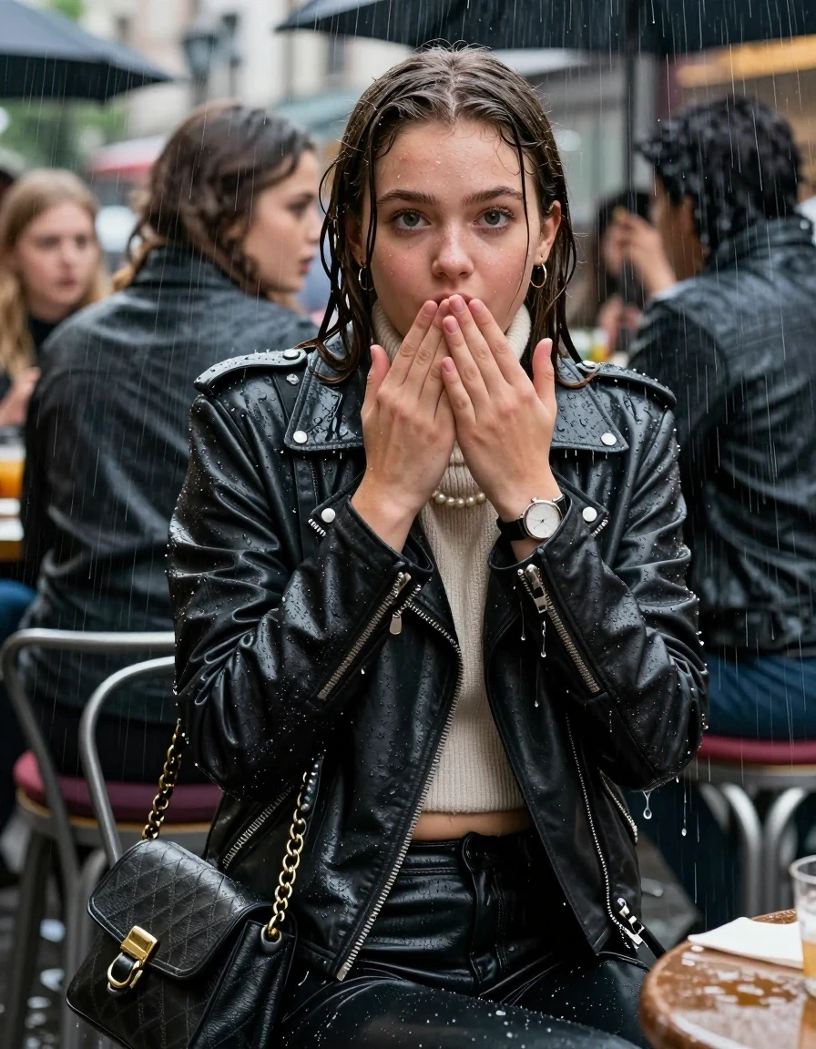 photo of young woman, in soaking wet, drenched clothes,
, , Biker leatherjacket, knit turtleneck sweater belly free, handbag, pearl necklace, bracelet, wristwatch, Sitting Under heavy Rain at german outdoor Restaurant , strong jet of water, 
enjoying, wet clothes stuck to body,
detailed textures of the wet clothes, wet face, wet plastered hair,
wet, drenched, professional, high-quality details, full body view.
sharp focus, ultra-high pixel detail, realistic, high-quality, full colors, incredibly detailed, 4k, 8k, 16k, hyper-realistic, RAW photo, masterpiece, ultra-detailed, professionally color graded, professional photograph, 15 years old teenage girl and her friends. Completely soaked to the Skin.

Open mouth, hands on her mouth, looking at Camera . 

The girls wear different clothes.

she is completely underwater up to her neck, surprised and astonished expression. 

her clothing is soaking wet and clinging tightly to her skin, showing heavy wet folds, darkened fabric texture, and deep water-saturated Patches, her clothes are heavy from the water, water runs from her body and her clothes in streams. A lot of water also runs out of her clothes. Her clothes are darkened by the water. Her submerged clothes are good visible under the water.  she soaked her handbag into the water.

close up view, wet skin, wet clothes, wet hair, damp fabric, water runs down the clothes, wet skin, wet clothes, damp fabric. cinematic medium shot, hyper-realistic wetness, high-contrast water sheen, sharp focus, 16k resolution, professional photography, realistic water physics., wet skin, wet clothes, damp fabric, wet skin, wet clothes, damp fabric, wet skin, wet clothes, damp fabric, wet skin, wet clothes, damp fabric, wet skin, wet clothes, damp fabric, wet skin, wet clothes, damp fabric, wet skin, wet clothes, damp fabric, wet skin, wet clothes, damp fabric, wet skin, wet clothes, damp fabric, wet skin, wet clothes, damp fabric