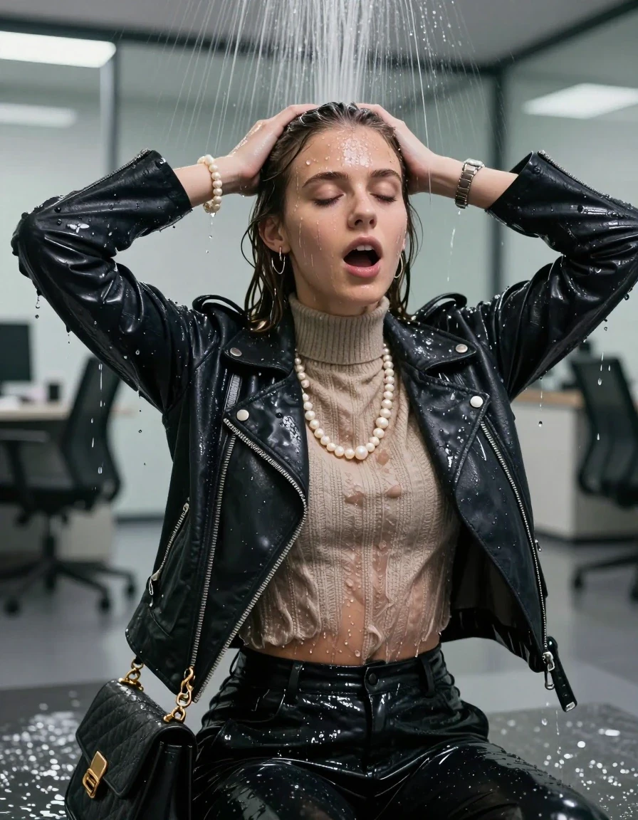 photo of young woman, in soaking wet, drenched clothes,
, , Biker leatherjacket, knit turtleneck sweater belly free, handbag, pearl necklace, bracelet, wristwatch, Sitting Under the sprinkler at office, strong jet of water, 
enjoying, wet clothes stuck to body,
detailed textures of the wet clothes, wet face, wet plastered hair,
wet, drenched, professional, high-quality details, full body view.
sharp focus, ultra-high pixel detail, realistic, high-quality, full colors, incredibly detailed, 4k, 8k, 16k, hyper-realistic, RAW photo, masterpiece, ultra-detailed, professionally color graded, professional photograph, 15 years old  school girl and her friends. Completely soaked to the Skin.

Only head and shoulders are over the surface visible. Open mouth, closed eyes. Hands over her head. 

The girls wear different clothes.

she is completely underwater up to her neck, surprised and astonished expression. 

her clothing is soaking wet and clinging tightly to her skin, showing heavy wet folds, darkened fabric texture, and deep water-saturated Patches, her clothes are heavy from the water, water runs from her body and her clothes in streams. A lot of water also runs out of her clothes. Her clothes are darkened by the water. Her submerged clothes are good visible under the water.  she soaked her handbag into the water.

close up view, wet skin, wet clothes, wet hair, damp fabric, water runs down the clothes, wet skin, wet clothes, damp fabric. cinematic medium shot, hyper-realistic wetness, high-contrast water sheen, sharp focus, 16k resolution, professional photography, realistic water physics., wet skin, wet clothes, damp fabric, wet skin, wet clothes, damp fabric, wet skin, wet clothes, damp fabric, wet skin, wet clothes, damp fabric, wet skin, wet clothes, damp fabric, wet skin, wet clothes, damp fabric, wet skin, wet clothes, damp fabric