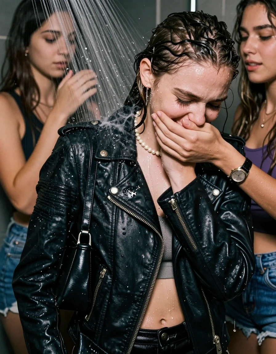 photo of young woman, in soaking wet, drenched clothes,
, , Biker leatherjacket, sweater belly free, shoulderbag, pearl necklace, bracelet, wristwatch, Orgasm Under the shower, strong jet of water, party room, 
enjoying, wet clothes stuck to body,
detailed textures of the wet clothes, wet face, wet plastered hair,
wet, drenched, professional, high-quality details, full body view.
sharp focus, ultra-high pixel detail, realistic, high-quality, full colors, incredibly detailed, 4k, 8k, 16k, hyper-realistic, RAW photo, masterpiece, ultra-detailed, professionally color graded, professional photograph, Sleek long ponytail with bangs

 15 years old  school girl and her female  friends

Only head and shoulders are over the surface visible. Looking down to the side.  closed eyes . Her mouth is covered by her friends Hand. hugs her friend.

The girls wear different clothes.

she is completely underwater up to her neck, horny and Strenuous painful expression. 

her clothing is soaking wet and clinging tightly to her skin, showing heavy wet folds, darkened fabric texture, and deep water-saturated Patches, her clothes are heavy from the water, water runs from her body and her clothes in streams. A lot of water also runs out of her clothes. Her clothes are darkened by the water. Her submerged clothes are good visible under the water.  she soaked her handbag into the water.

close up view, wet skin, wet clothes, wet hair, damp fabric, water runs down the clothes, wet skin, wet clothes, damp fabric. cinematic medium shot, hyper-realistic wetness, high-contrast water sheen, sharp focus, 16k resolution, professional photography, realistic water physics., wet skin, wet clothes, damp fabric, wet skin, wet clothes, damp fabric, wet skin, wet clothes, damp fabric, wet skin, wet clothes, damp fabric, wet skin, wet clothes, damp fabric, wet skin, wet clothes, damp fabric, wet skin, wet clothes, damp fabric, wet skin, wet clothes, damp fabric