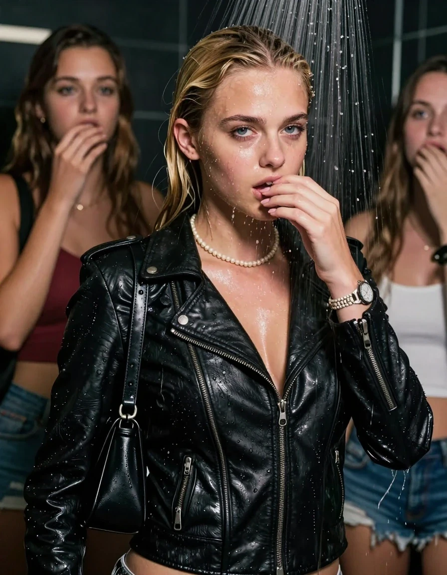 photo of young woman, in soaking wet, drenched clothes,
, , Biker leatherjacket, tight sexy top, shoulderbag, pearl necklace, bracelet, wristwatch, Under the shower, strong jet of water, party room, 
enjoying, wet clothes stuck to body,
detailed textures of the wet clothes, wet face, wet plastered hair,
wet, drenched, professional, high-quality details, full body view.
sharp focus, ultra-high pixel detail, realistic, high-quality, full colors, incredibly detailed, 4k, 8k, 16k, hyper-realistic, RAW photo, masterpiece, ultra-detailed, professionally color graded, professional photograph, Blonde Sleek long ponytail with bangs

 15 years old  school girl and her female  friends
Looking at camera. Hand on her mouth.

The girls wear different clothes.

she is completely underwater up to her neck, horny and in ecstacy. 

her clothing is soaking wet and clinging tightly to her skin, showing heavy wet folds, darkened fabric texture, and deep water-saturated Patches, her clothes are heavy from the water, water runs from her body and her clothes in streams. A lot of water also runs out of her clothes. Her clothes are darkened by the water. Her submerged clothes are good visible under the water.  she soaked her handbag into the water.

close up view, wet skin, wet clothes, wet hair, damp fabric, water runs down the clothes, wet skin, wet clothes, damp fabric. cinematic medium shot, hyper-realistic wetness, high-contrast water sheen, sharp focus, 16k resolution, professional photography, realistic water physics., wet skin, wet clothes, damp fabric, wet skin, wet clothes, damp fabric, wet skin, wet clothes, damp fabric, wet skin, wet clothes, damp fabric, wet skin, wet clothes, damp fabric, wet skin, wet clothes, damp fabric, wet skin, wet clothes, damp fabric