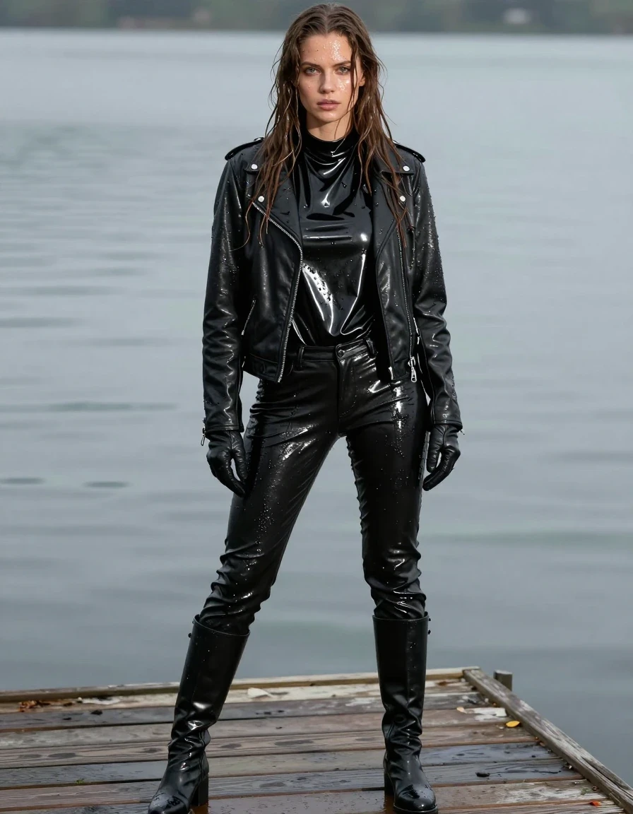 A photorealistic full-body portrait of a young adult European woman with long, dripping wet brown hair, standing on a wooden pier at a lake. Her skin is glistening with a realistic water sheen, and her clothes are heavily saturated with moisture. She is wearing an oversized black vinyl polar neck shirt, a black biker's leather jacket, and black leather gloves on both hands. She wears black leather jeans that are soaking-wet, heavy with water, clinging to her legs with deep, dark folds and high-gloss specular reflections on the material. She wears black leather knee-high boots. The atmosphere is damp, with the fabric of her shirt and jacket showing dark, water-heavy patches and clinging to her form. The lighting is natural daylight reflecting off the wet surfaces of her clothing and skin. High-detail photographic quality, sharp focus, realistic textures, cinematic composition, no nudity, fully clothed.