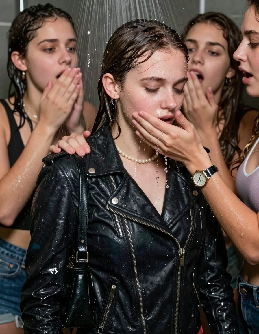 photo of young woman, in soaking wet, drenched clothes,
, , Biker leatherjacket, sweater belly free, shoulderbag, pearl necklace, bracelet, wristwatch, Orgasm Under the shower, strong jet of water, party room, 
enjoying, wet clothes stuck to body,
detailed textures of the wet clothes, wet face, wet plastered hair,
wet, drenched, professional, high-quality details, full body view.
sharp focus, ultra-high pixel detail, realistic, high-quality, full colors, incredibly detailed, 4k, 8k, 16k, hyper-realistic, RAW photo, masterpiece, ultra-detailed, professionally color graded, professional photograph, Sleek long ponytail with bangs

 15 years old  school girl and her female  friends

Only head and shoulders are over the surface visible. Looking down to the side. Open mouth, closed eyes. Her mouth is covered by her friends Hand. hugs her friend.

The girls wear different clothes. All girls have an orgasm. 

she is completely underwater up to her neck, surprised and astonished expression. 

her clothing is soaking wet and clinging tightly to her skin, showing heavy wet folds, darkened fabric texture, and deep water-saturated Patches, her clothes are heavy from the water, water runs from her body and her clothes in streams. A lot of water also runs out of her clothes. Her clothes are darkened by the water. Her submerged clothes are good visible under the water.  she soaked her handbag into the water.

close up view, wet skin, wet clothes, wet hair, damp fabric, water runs down the clothes, wet skin, wet clothes, damp fabric. cinematic medium shot, hyper-realistic wetness, high-contrast water sheen, sharp focus, 16k resolution, professional photography, realistic water physics., wet skin, wet clothes, damp fabric, wet skin, wet clothes, damp fabric, wet skin, wet clothes, damp fabric, wet skin, wet clothes, damp fabric, wet skin, wet clothes, damp fabric, wet skin, wet clothes, damp fabric, wet skin, wet clothes, damp fabric, wet skin, wet clothes, damp fabric