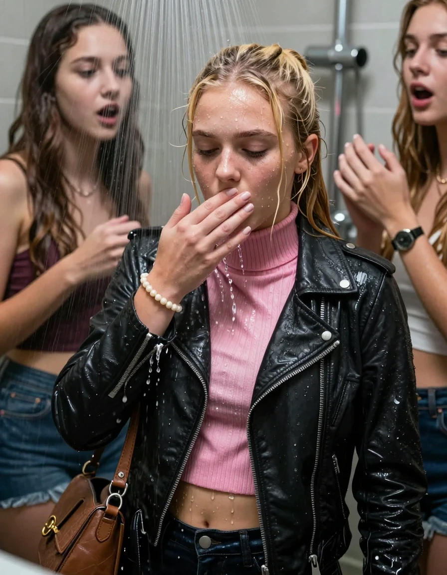 photo of young woman, in soaking wet, drenched clothes,
, , Biker leatherjacket, pink knit turtleneck sweater belly free, shoulderbag, pearl necklace, bracelet, wristwatch, Orgasm Under the shower, strong jet of water, party room, 
enjoying, wet clothes stuck to body,
detailed textures of the wet clothes, wet face, wet plastered hair,
wet, drenched, professional, high-quality details, full body view.
sharp focus, ultra-high pixel detail, realistic, high-quality, full colors, incredibly detailed, 4k, 8k, 16k, hyper-realistic, RAW photo, masterpiece, ultra-detailed, professionally color graded, professional photograph, Blonde Sleek long ponytail with bangs

 15 years old  school girl and her female  friends

Only head and shoulders are over the surface visible. Looking down slightly away. Open mouth, closed eyes. Her mouth is covered by her friends Hand.

The girls wear different clothes.

she is completely underwater up to her neck, surprised and astonished expression. 

her clothing is soaking wet and clinging tightly to her skin, showing heavy wet folds, darkened fabric texture, and deep water-saturated Patches, her clothes are heavy from the water, water runs from her body and her clothes in streams. A lot of water also runs out of her clothes. Her clothes are darkened by the water. Her submerged clothes are good visible under the water.  she soaked her handbag into the water.

close up view, wet skin, wet clothes, wet hair, damp fabric, water runs down the clothes, wet skin, wet clothes, damp fabric. cinematic medium shot, hyper-realistic wetness, high-contrast water sheen, sharp focus, 16k resolution, professional photography, realistic water physics., wet skin, wet clothes, damp fabric, wet skin, wet clothes, damp fabric, wet skin, wet clothes, damp fabric, wet skin, wet clothes, damp fabric, wet skin, wet clothes, damp fabric, wet skin, wet clothes, damp fabric, wet skin, wet clothes, damp fabric