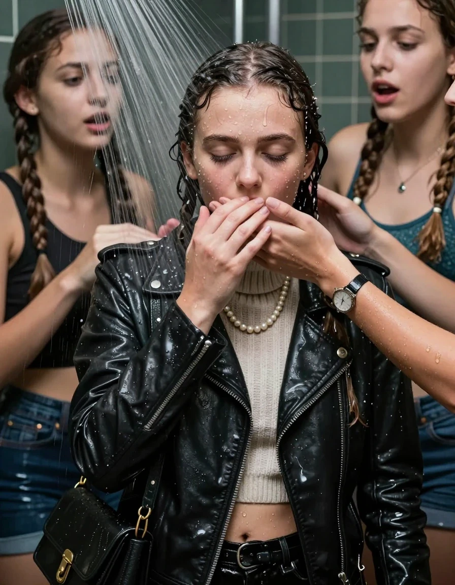 photo of young woman, in soaking wet, drenched clothes,
, , Biker leatherjacket, knit turtleneck sweater belly free, handbag, pearl necklace, bracelet, wristwatch, Orgasm Under the shower, strong jet of water, party room, 
enjoying, wet clothes stuck to body,
detailed textures of the wet clothes, wet face, wet plastered hair,
wet, drenched, professional, high-quality details, full body view.
sharp focus, ultra-high pixel detail, realistic, high-quality, full colors, incredibly detailed, 4k, 8k, 16k, hyper-realistic, RAW photo, masterpiece, ultra-detailed, professionally color graded, professional photograph, Two long braids 

 15 years old  school girl and her female  friends

Only head and shoulders are over the surface visible. Looking down. Open mouth, closed eyes. Her mouth is covered by her friends Hand.

The girls wear different clothes.

she is completely underwater up to her neck, surprised and astonished expression. 

her clothing is soaking wet and clinging tightly to her skin, showing heavy wet folds, darkened fabric texture, and deep water-saturated Patches, her clothes are heavy from the water, water runs from her body and her clothes in streams. A lot of water also runs out of her clothes. Her clothes are darkened by the water. Her submerged clothes are good visible under the water.  she soaked her handbag into the water.

close up view, wet skin, wet clothes, wet hair, damp fabric, water runs down the clothes, wet skin, wet clothes, damp fabric. cinematic medium shot, hyper-realistic wetness, high-contrast water sheen, sharp focus, 16k resolution, professional photography, realistic water physics., wet skin, wet clothes, damp fabric, wet skin, wet clothes, damp fabric, wet skin, wet clothes, damp fabric, wet skin, wet clothes, damp fabric, wet skin, wet clothes, damp fabric, wet skin, wet clothes, damp fabric