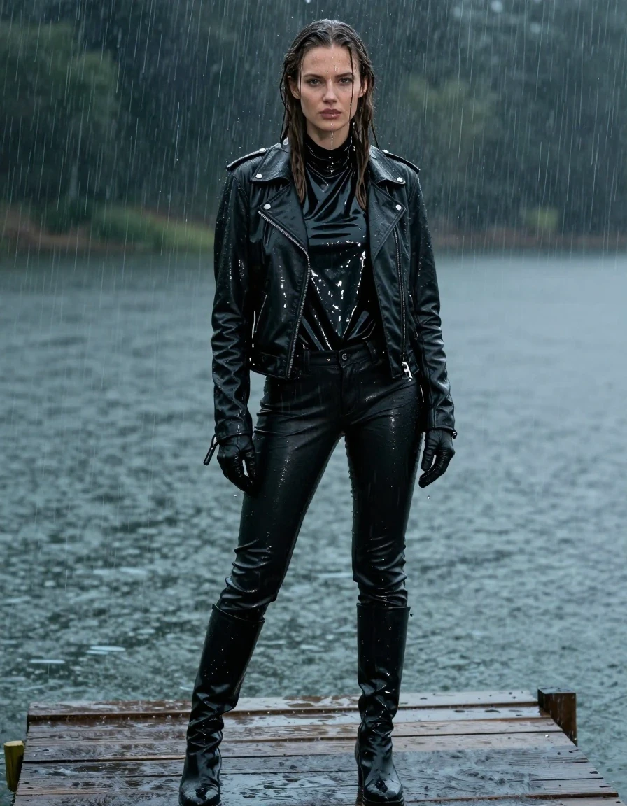 A photorealistic full-body shot of a young adult European woman with long, dripping wet brown hair, standing on a wooden pier at a lake during a heavy rainstorm. She is drenched, with water cascading down her face and skin, creating a glistening sheen. She is wearing an oversize black vinyl polar neck shirt that clings to her frame with heavy, dark, wet folds and glossy highlights, layered under a soaked black biker leather jacket. Her hands are covered in black leather gloves. She is wearing black leather jeans, which are saturated with water, displaying deep black tones, heavy wet folds, and strong specular reflections on the seams and creases. The black leather knee-high boots are slick with rain. The environment is dark and moody, with heavy rain visible in the air and water splashing on the pier. The lighting is cold and atmospheric, emphasizing the wet textures, clinging fabrics, and the heavy, saturated weight of the clothing. High-resolution, cinematic photography, sharp focus, 8k, realistic skin textures, no nudity, professional composition.