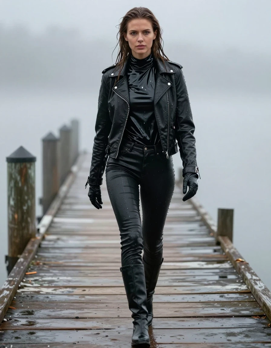 A photorealistic full-body portrait of a young adult European woman with long dripping wet brown hair, walking along a weathered wooden pier at a misty, atmospheric dockside. She is wearing a black bikers leather jacket over an oversize black vinyl polar neck shirt, black leather jeans that are visibly soaked and clinging to her legs with deep glossy reflections, and black leather knee-high boots. She wears black leather gloves on both hands. Her skin and clothing are thoroughly drenched, with heavy mist clinging to the air, creating a moody, cinematic environment. The vinyl shirt features sharp, high-contrast specular highlights, while the leather textures appear darkened and saturated by water. The scene emphasizes heavy wet textures, water-slicked surfaces, and damp fabric clinging to her form. Captured with a sharp, high-resolution focus on the textures of the wet materials, soft diffused natural light, professional photography, clean anatomy, no nudity.