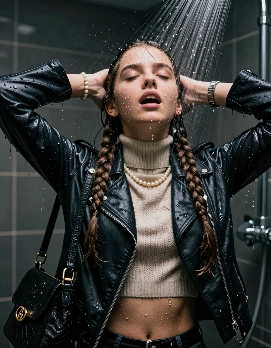 photo of young woman, in soaking wet, drenched clothes,
, , Biker leatherjacket, knit turtleneck sweater belly free, handbag, pearl necklace, bracelet, wristwatch, Under the shower, strong jet of water, party room, 
enjoying, wet clothes stuck to body,
detailed textures of the wet clothes, wet face, wet plastered hair,
wet, drenched, professional, high-quality details, full body view.
sharp focus, ultra-high pixel detail, realistic, high-quality, full colors, incredibly detailed, 4k, 8k, 16k, hyper-realistic, RAW photo, masterpiece, ultra-detailed, professionally color graded, professional photograph, Two long braids 

 15 years old  school girl

Only head and shoulders are over the surface visible. Open mouth, closed eyes. Looking up. Hands up.

The girls wear different clothes.

she is completely underwater up to her neck, surprised and astonished expression. 

her clothing is soaking wet and clinging tightly to her skin, showing heavy wet folds, darkened fabric texture, and deep water-saturated Patches, her clothes are heavy from the water, water runs from her body and her clothes in streams. A lot of water also runs out of her clothes. Her clothes are darkened by the water. Her submerged clothes are good visible under the water.  she soaked her handbag into the water.

close up view, wet skin, wet clothes, wet hair, damp fabric, water runs down the clothes, wet skin, wet clothes, damp fabric. cinematic medium shot, hyper-realistic wetness, high-contrast water sheen, sharp focus, 16k resolution, professional photography, realistic water physics., wet skin, wet clothes, damp fabric, wet skin, wet clothes, damp fabric, wet skin, wet clothes, damp fabric, wet skin, wet clothes, damp fabric, wet skin, wet clothes, damp fabric