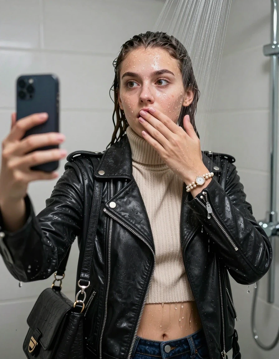 photo of young woman, in soaking wet, drenched clothes,
, , Biker leatherjacket, knit turtleneck sweater belly free, handbag, pearl necklace, bracelet, wristwatch, Under the shower, strong jet of water, in modern bathroom, 
enjoying, wet clothes stuck to body,
detailed textures of the wet clothes, wet face, wet plastered hair,
wet, drenched, professional, high-quality details, full body view.
sharp focus, ultra-high pixel detail, realistic, high-quality, full colors, incredibly detailed, 4k, 8k, 16k, hyper-realistic, RAW photo, masterpiece, ultra-detailed, professionally color graded, professional photograph, 15 years old  school girl and her friends. Completely soaked to the Skin.

Only head and shoulders are over the surface visible. One Hand over her mouth. Take a Selfie with her Smartphone.

The girls wear different clothes.

she is completely underwater up to her neck, surprised and astonished expression. 

her clothing is soaking wet and clinging tightly to her skin, showing heavy wet folds, darkened fabric texture, and deep water-saturated Patches, her clothes are heavy from the water, water runs from her body and her clothes in streams. A lot of water also runs out of her clothes. Her clothes are darkened by the water. Her submerged clothes are good visible under the water.  she soaked her handbag into the water.

close up view, wet skin, wet clothes, wet hair, damp fabric, water runs down the clothes, wet skin, wet clothes, damp fabric. cinematic medium shot, hyper-realistic wetness, high-contrast water sheen, sharp focus, 16k resolution, professional photography, realistic water physics., wet skin, wet clothes, damp fabric, wet skin, wet clothes, damp fabric, wet skin, wet clothes, damp fabric, wet skin, wet clothes, damp fabric, wet skin, wet clothes, damp fabric, wet skin, wet clothes, damp fabric, wet skin, wet clothes, damp fabric, wet skin, wet clothes, damp fabric