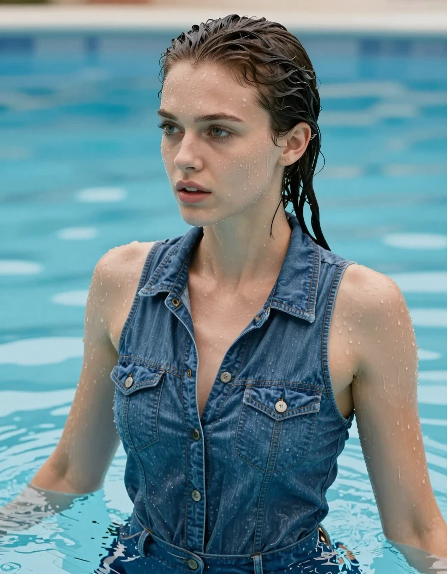 photo of young woman, in soaking wet, drenched clothes,
Hautenge denimbluse, , 
enjoying, wet clothes stuck to body,
detailed textures of the wet clothes, wet face, wet plastered hair,
wet, drenched, professional, high-quality details, full body view.
sharp focus, ultra-high pixel detail, realistic, high-quality, full colors, incredibly detailed, 4k, 8k, 16k, hyper-realistic, RAW photo, masterpiece, ultra-detailed, professionally color graded, professional photograph, Pool, wet skin, wet clothes, damp fabric