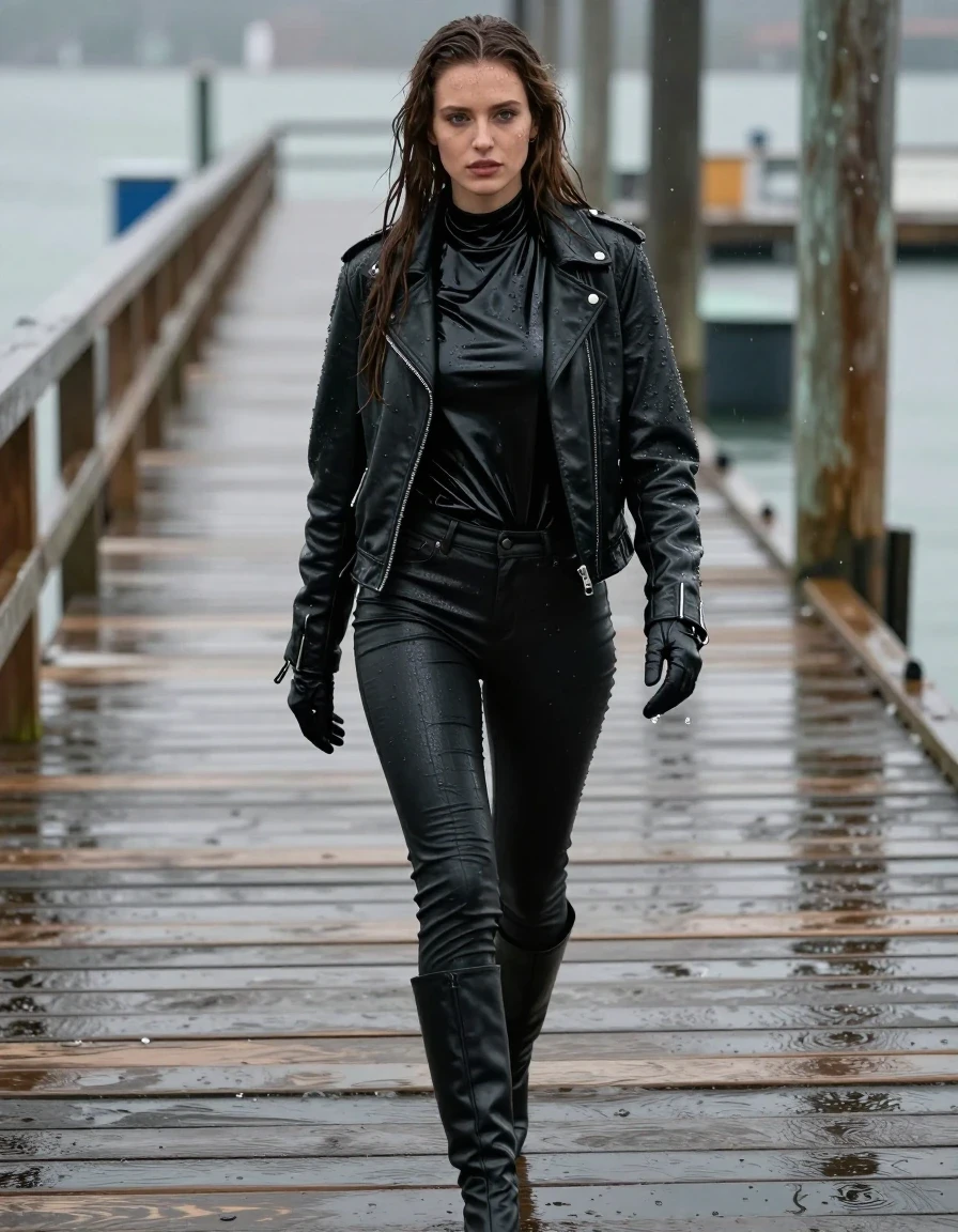 A photorealistic full-body shot of a young European woman with long, dripping wet brown hair, walking along a weathered wooden pier at the docks. She is wearing black leather jeans that are heavily soaked, clinging to her legs with visible moisture, paired with sleek black leather knee-high boots. Her upper body is layered in an oversize black vinyl polar neck shirt, a black biker leather jacket, and black leather gloves on both hands. Her skin is visibly wet and glistening with a water sheen, and her clothes are saturated, heavy, and clinging to her frame with realistic damp fabric textures and deep shadows. The atmosphere is drenched, with water droplets and a glossy sheen covering her attire. Cinematic lighting highlights the texture of the wet vinyl and leather, emphasizing the dark, moody environment of the rainy dockside. High-resolution, sharp focus, 8k, realistic skin pores, intricate details, no nudity, fully clothed, modest attire.