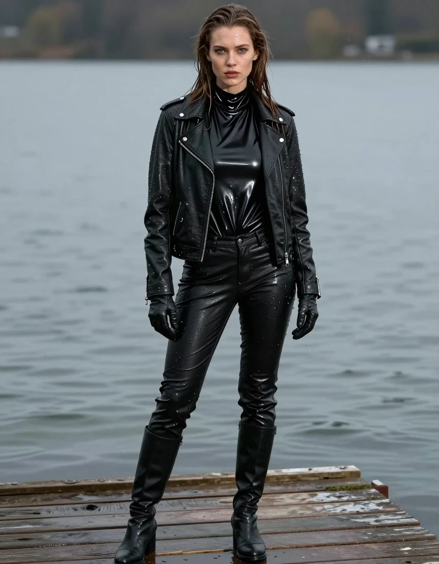 A photorealistic full-body shot of a young adult European woman with long, dripping wet brown hair, standing on a wooden pier at a lake. She is drenched, with water sheen clinging to her pale wet skin. She wears an oversize black vinyl polar neck shirt, a black biker leather jacket, black leather jeans that are heavy with water and clinging to her legs, and black leather knee-high boots. She wears leather gloves on both hands. The entire outfit is saturated and dark with moisture, featuring realistic damp fabric textures, heavy wet folds, and water droplets. The lighting highlights the glossy surfaces of the vinyl and leather against the moody lake backdrop. Cinematic lighting, sharp focus, 8k resolution, highly detailed textures, no nudity, fully clothed.