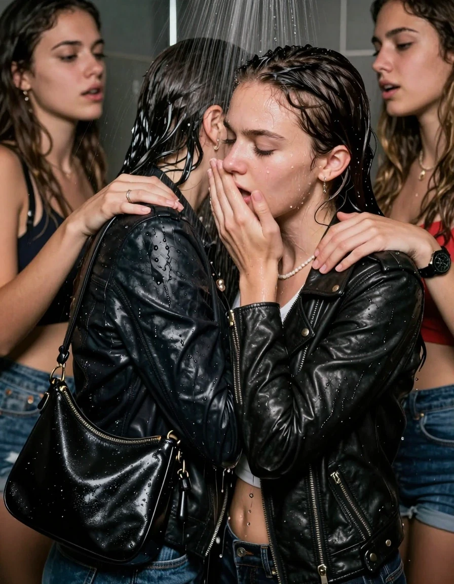 photo of young woman, in soaking wet, drenched clothes,
, , Biker leatherjacket, sweater belly free, shoulderbag, pearl necklace, bracelet, wristwatch, Orgasm Under the shower, strong jet of water, party room, 
enjoying, wet clothes stuck to body,
detailed textures of the wet clothes, wet face, wet plastered hair,
wet, drenched, professional, high-quality details, full body view.
sharp focus, ultra-high pixel detail, realistic, high-quality, full colors, incredibly detailed, 4k, 8k, 16k, hyper-realistic, RAW photo, masterpiece, ultra-detailed, professionally color graded, professional photograph, Sleek long ponytail with bangs

 15 years old  school girl and her female  friends

Only head and shoulders are over the surface visible. Looking down to the side.  closed eyes . Her mouth is covered by her friends Hand. hugs her friend.

The girls wear different clothes.

she is completely underwater up to her neck, horny and Strenuous painful expression. 

her clothing is soaking wet and clinging tightly to her skin, showing heavy wet folds, darkened fabric texture, and deep water-saturated Patches, her clothes are heavy from the water, water runs from her body and her clothes in streams. A lot of water also runs out of her clothes. Her clothes are darkened by the water. Her submerged clothes are good visible under the water.  she soaked her handbag into the water.

close up view, wet skin, wet clothes, wet hair, damp fabric, water runs down the clothes, wet skin, wet clothes, damp fabric. cinematic medium shot, hyper-realistic wetness, high-contrast water sheen, sharp focus, 16k resolution, professional photography, realistic water physics., wet skin, wet clothes, damp fabric, wet skin, wet clothes, damp fabric, wet skin, wet clothes, damp fabric, wet skin, wet clothes, damp fabric, wet skin, wet clothes, damp fabric, wet skin, wet clothes, damp fabric, wet skin, wet clothes, damp fabric, wet skin, wet clothes, damp fabric