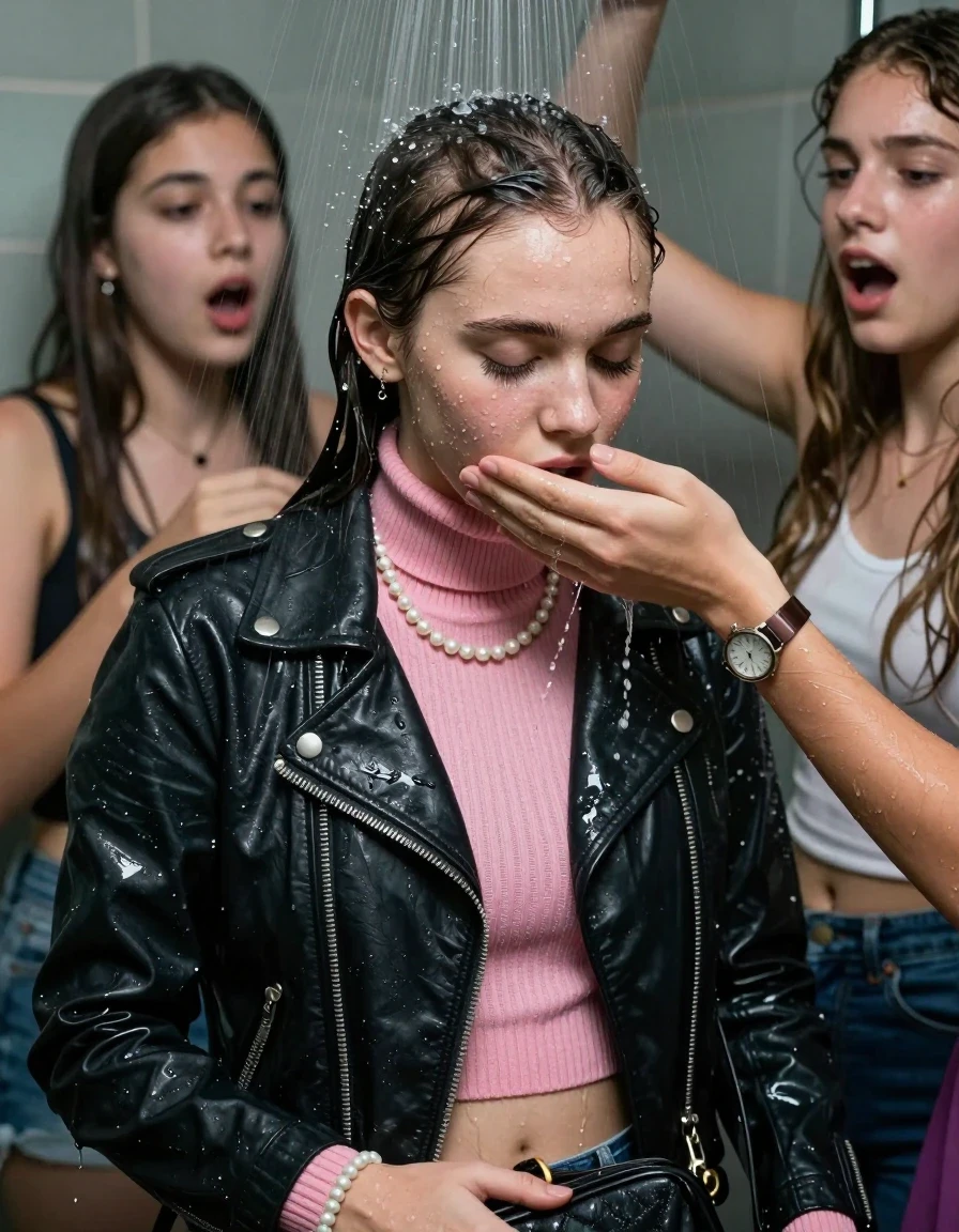 photo of young woman, in soaking wet, drenched clothes,
, , Biker leatherjacket, pink knit turtleneck sweater belly free, handbag, pearl necklace, bracelet, wristwatch, Orgasm Under the shower, strong jet of water, party room, 
enjoying, wet clothes stuck to body,
detailed textures of the wet clothes, wet face, wet plastered hair,
wet, drenched, professional, high-quality details, full body view.
sharp focus, ultra-high pixel detail, realistic, high-quality, full colors, incredibly detailed, 4k, 8k, 16k, hyper-realistic, RAW photo, masterpiece, ultra-detailed, professionally color graded, professional photograph, Sleek long ponytail with bangs

 15 years old  school girl and her female  friends

Only head and shoulders are over the surface visible. Looking down. Open mouth, closed eyes. Her mouth is covered by her friends Hand.

The girls wear different clothes.

she is completely underwater up to her neck, surprised and astonished expression. 

her clothing is soaking wet and clinging tightly to her skin, showing heavy wet folds, darkened fabric texture, and deep water-saturated Patches, her clothes are heavy from the water, water runs from her body and her clothes in streams. A lot of water also runs out of her clothes. Her clothes are darkened by the water. Her submerged clothes are good visible under the water.  she soaked her handbag into the water.

close up view, wet skin, wet clothes, wet hair, damp fabric, water runs down the clothes, wet skin, wet clothes, damp fabric. cinematic medium shot, hyper-realistic wetness, high-contrast water sheen, sharp focus, 16k resolution, professional photography, realistic water physics., wet skin, wet clothes, damp fabric, wet skin, wet clothes, damp fabric, wet skin, wet clothes, damp fabric, wet skin, wet clothes, damp fabric, wet skin, wet clothes, damp fabric, wet skin, wet clothes, damp fabric, wet skin, wet clothes, damp fabric