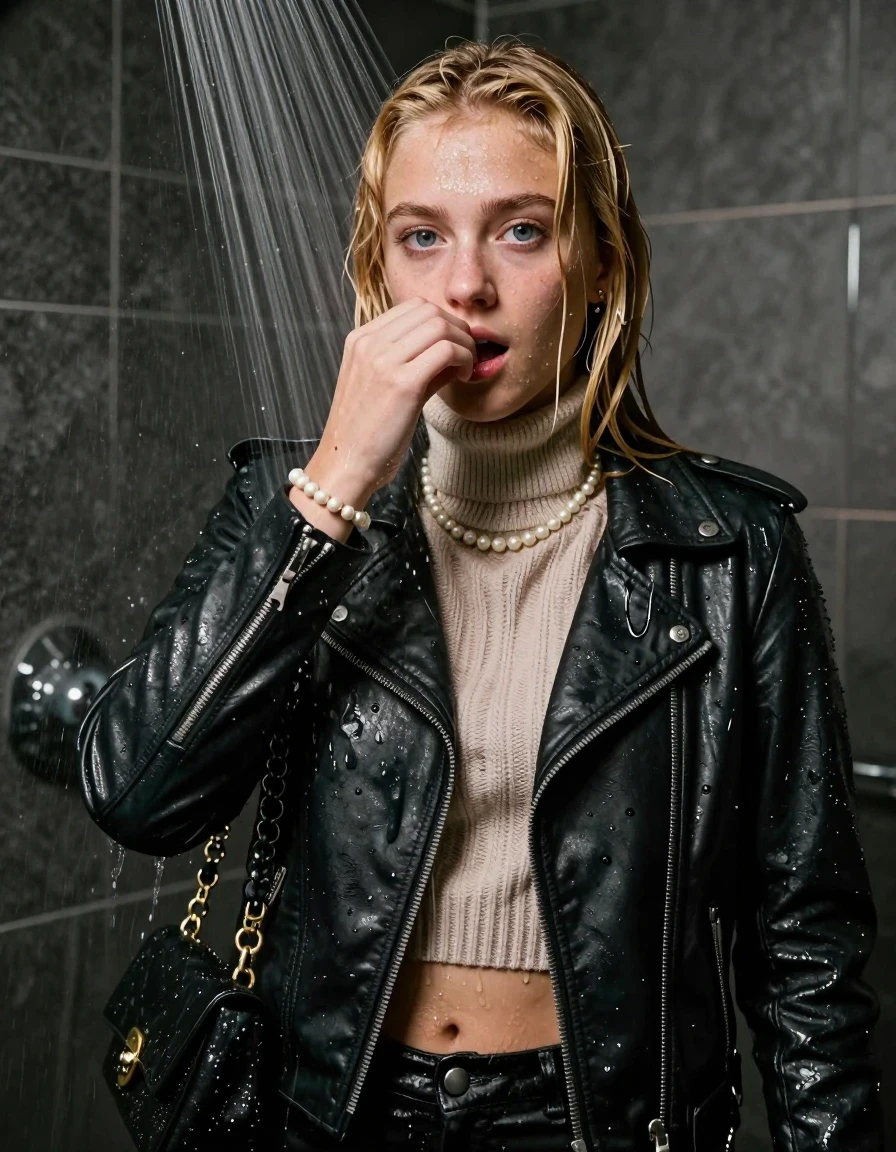 photo of young woman, in soaking wet, drenched clothes,
, , Biker leatherjacket, knit turtleneck sweater belly free, handbag, pearl necklace, bracelet, wristwatch, Under the shower, strong jet of water, party room, 
enjoying, wet clothes stuck to body,
detailed textures of the wet clothes, wet face, wet plastered hair,
wet, drenched, professional, high-quality details, full body view.
sharp focus, ultra-high pixel detail, realistic, high-quality, full colors, incredibly detailed, 4k, 8k, 16k, hyper-realistic, RAW photo, masterpiece, ultra-detailed, professionally color graded, professional photograph, Sleek Blonde Collarbone bob

 15 years old  school girl

Only head and shoulders are over the surface visible. Looking at camera. One Hand in front of her nose.

The girls wear different clothes.

she is completely underwater up to her neck, surprised and astonished expression. 

her clothing is soaking wet and clinging tightly to her skin, showing heavy wet folds, darkened fabric texture, and deep water-saturated Patches, her clothes are heavy from the water, water runs from her body and her clothes in streams. A lot of water also runs out of her clothes. Her clothes are darkened by the water. Her submerged clothes are good visible under the water.  she soaked her handbag into the water.

close up view, wet skin, wet clothes, wet hair, damp fabric, water runs down the clothes, wet skin, wet clothes, damp fabric. cinematic medium shot, hyper-realistic wetness, high-contrast water sheen, sharp focus, 16k resolution, professional photography, realistic water physics., wet skin, wet clothes, damp fabric, wet skin, wet clothes, damp fabric, wet skin, wet clothes, damp fabric, wet skin, wet clothes, damp fabric, wet skin, wet clothes, damp fabric, wet skin, wet clothes, damp fabric