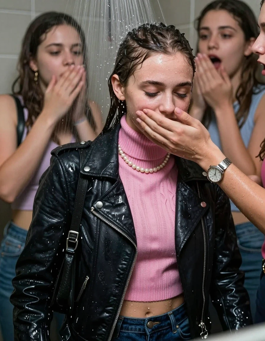 photo of young woman, in soaking wet, drenched clothes,
, , Biker leatherjacket, pink knit turtleneck sweater belly free, shoulderbag, pearl necklace, bracelet, wristwatch, Orgasm Under the shower, strong jet of water, party room, 
enjoying, wet clothes stuck to body,
detailed textures of the wet clothes, wet face, wet plastered hair,
wet, drenched, professional, high-quality details, full body view.
sharp focus, ultra-high pixel detail, realistic, high-quality, full colors, incredibly detailed, 4k, 8k, 16k, hyper-realistic, RAW photo, masterpiece, ultra-detailed, professionally color graded, professional photograph, Sleek long ponytail with bangs

 15 years old  school girl and her female  friends

Only head and shoulders are over the surface visible. Looking down. Open mouth, closed eyes. Her mouth is covered by her friends Hand.

The girls wear different clothes.

she is completely underwater up to her neck, surprised and astonished expression. 

her clothing is soaking wet and clinging tightly to her skin, showing heavy wet folds, darkened fabric texture, and deep water-saturated Patches, her clothes are heavy from the water, water runs from her body and her clothes in streams. A lot of water also runs out of her clothes. Her clothes are darkened by the water. Her submerged clothes are good visible under the water.  she soaked her handbag into the water.

close up view, wet skin, wet clothes, wet hair, damp fabric, water runs down the clothes, wet skin, wet clothes, damp fabric. cinematic medium shot, hyper-realistic wetness, high-contrast water sheen, sharp focus, 16k resolution, professional photography, realistic water physics., wet skin, wet clothes, damp fabric, wet skin, wet clothes, damp fabric, wet skin, wet clothes, damp fabric, wet skin, wet clothes, damp fabric, wet skin, wet clothes, damp fabric, wet skin, wet clothes, damp fabric, wet skin, wet clothes, damp fabric