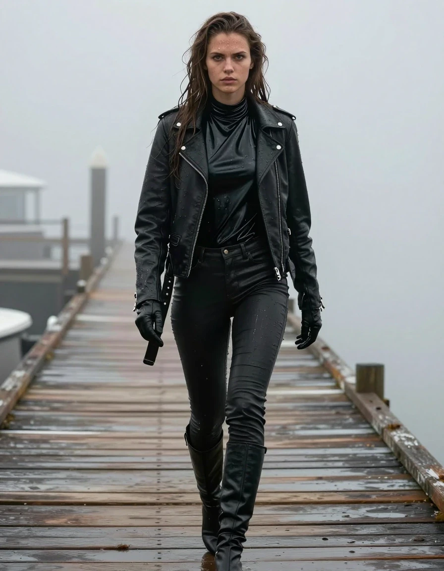 A photorealistic full-body shot of a young adult European woman with long dripping wet brown hair, walking along a wooden pier at the docks during a heavy mist. Her skin is glistening with water, and her clothing is heavily drenched. She is wearing black leather jeans, an oversize black vinyl polar neck shirt, a black biker's leather jacket, and black leather knee-high boots, with leather gloves on both hands. The vinyl shirt and leather garments exhibit a high-gloss, slick, water-sheen texture with heavy clinging folds and dark, saturated tones. The atmosphere is damp and moody, with water-saturated fabrics appearing weighted and clinging to her form. The scene is captured with sharp focus, emphasizing the texture of the wet leather and vinyl, the mist-filled background, and the realistic wet skin. The image is strictly non-nude, maintaining professional and modest attire throughout the composition.