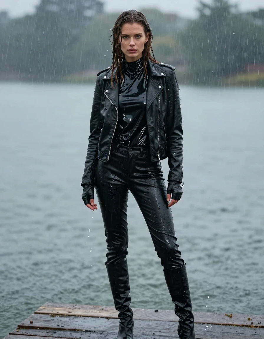 A photorealistic full-body shot of a young adult European woman with long, dripping wet brown hair, standing on a wooden pier at a lake during a heavy rainstorm. She is drenched, with water cascading off her skin and clothes. She wears an oversize black vinyl polar neck shirt that clings to her frame with a high-gloss wet sheen, layered under a heavy black biker leather jacket, and black leather jeans that are saturated and darkened by the downpour, showing heavy wet folds and water-streaked texture. She wears black leather knee-high boots and matching leather gloves on both hands. The atmosphere is moody and cinematic, with rain droplets visible in the air, wet skin reflecting the ambient light, and clothing appearing heavy and soaked. The scene is captured with sharp focus, highlighting the varied textures of the vinyl, leather, and wet fabric, with a shallow depth of field focusing on the subject against the blurred, rain-swept lake background. Clean, high-detail anatomy, no nudity, professional photography.