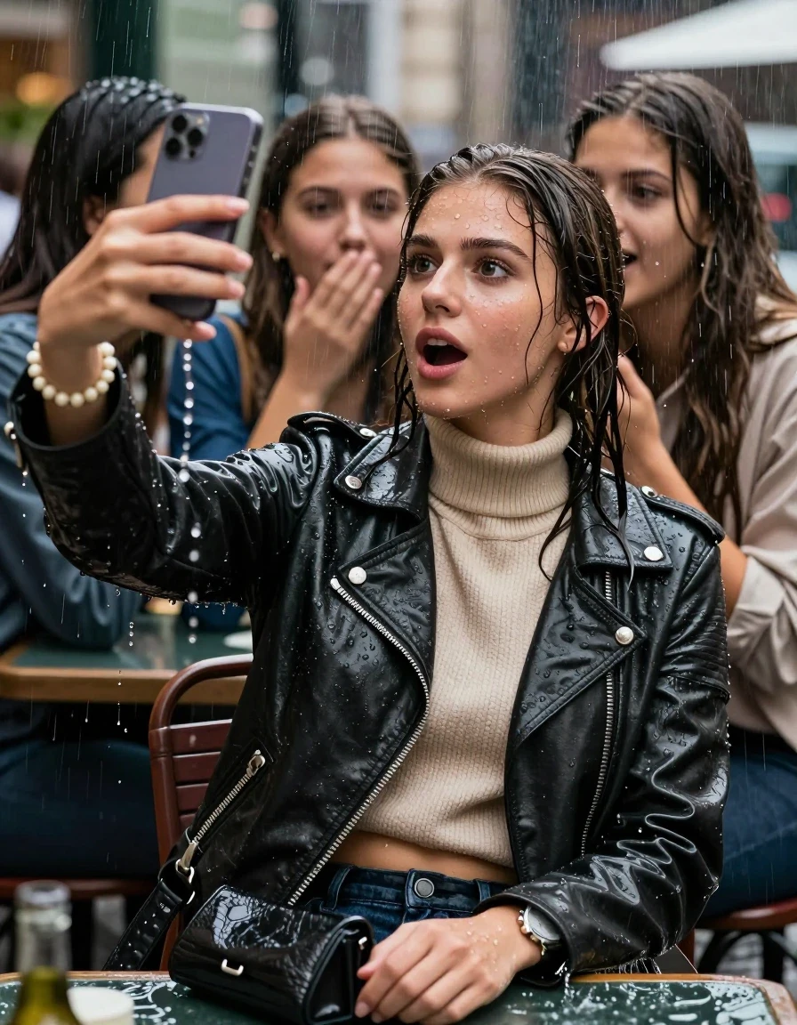 photo of young woman, in soaking wet, drenched clothes,
, , Biker leatherjacket, knit turtleneck sweater belly free, handbag, pearl necklace, bracelet, wristwatch, Sitting Under heavy Rain at outdoor Restaurant , strong jet of water, 
enjoying, wet clothes stuck to body,
detailed textures of the wet clothes, wet face, wet plastered hair,
wet, drenched, professional, high-quality details, full body view.
sharp focus, ultra-high pixel detail, realistic, high-quality, full colors, incredibly detailed, 4k, 8k, 16k, hyper-realistic, RAW photo, masterpiece, ultra-detailed, professionally color graded, professional photograph, 15 years old  school girl and her friends. Completely soaked to the Skin.

Only head and shoulders are over the surface visible. One Hand Covers her friends mouth. Take a Selfie with her Smartphone.

The girls wear different clothes.

she is completely underwater up to her neck, surprised and astonished expression. 

her clothing is soaking wet and clinging tightly to her skin, showing heavy wet folds, darkened fabric texture, and deep water-saturated Patches, her clothes are heavy from the water, water runs from her body and her clothes in streams. A lot of water also runs out of her clothes. Her clothes are darkened by the water. Her submerged clothes are good visible under the water.  she soaked her handbag into the water.

close up view, wet skin, wet clothes, wet hair, damp fabric, water runs down the clothes, wet skin, wet clothes, damp fabric. cinematic medium shot, hyper-realistic wetness, high-contrast water sheen, sharp focus, 16k resolution, professional photography, realistic water physics., wet skin, wet clothes, damp fabric, wet skin, wet clothes, damp fabric, wet skin, wet clothes, damp fabric, wet skin, wet clothes, damp fabric, wet skin, wet clothes, damp fabric, wet skin, wet clothes, damp fabric, wet skin, wet clothes, damp fabric, wet skin, wet clothes, damp fabric