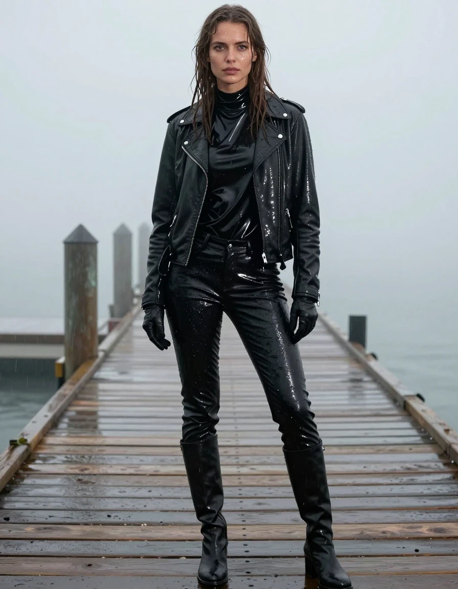 A photorealistic full-body shot of a young adult European woman with long dripping wet brown hair, standing on a wooden pier at the docks during a heavy mist. The woman is wearing an oversize black vinyl polar neck shirt, a black biker's leather jacket, and black leather gloves. She is dressed in black leather jeans that are visibly saturated with water, showing heavy wet folds, darkened patches, and strong glossy specular reflections on the seams and creases. She is wearing black leather knee-high boots. Her skin is drenched with visible water sheen and clinging moisture. The atmosphere is damp, gloomy, and heavily misted, with the clothing appearing heavy and soaked from the downpour. The composition is cinematic, focusing on the texture of the wet leather and vinyl materials, realistic skin moisture, and the moody, high-contrast lighting of the docks. The image is strictly non-nude, focusing on high-fashion wet-look textures and realistic environmental dampness.