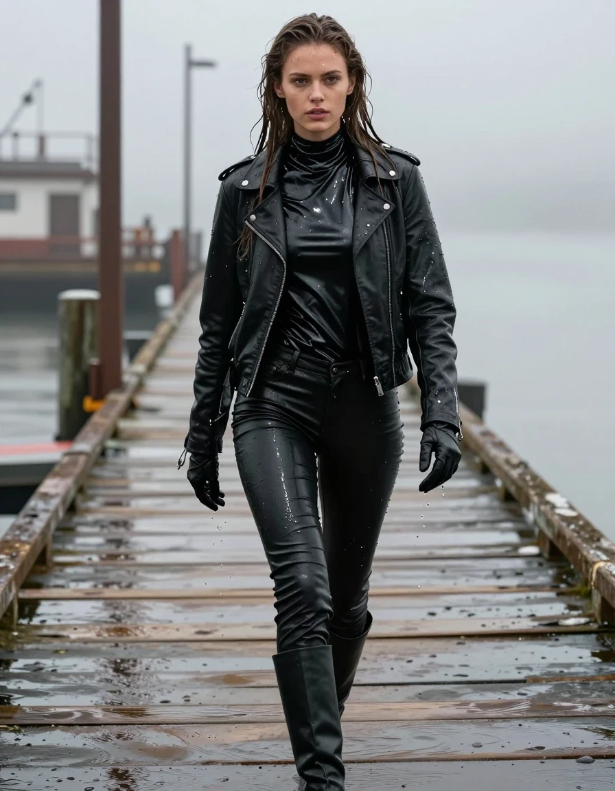 A stunning young adult European woman with long, dripping wet brown hair, walking along a weathered wooden pier at a misty industrial dockside. She is drenched from head to toe, her skin glistening with water, wearing an oversize black vinyl turtleneck shirt with a high-gloss wet sheen, a rugged black biker leather jacket, and black leather jeans that cling to her legs with heavy, water-saturated folds and dark, slick highlights. She wears black leather gloves on both hands and black leather knee-high boots. The fabric of her clothes is visibly heavy, clinging, and darkened by water, with water running down her skin and hair. The scene is photorealistic, captured with crisp detail, emphasizing the textures of wet leather, glossy vinyl, and damp skin. Soft, overcast natural lighting highlights the specular reflections on the wet surfaces. High resolution, 8k, sharp focus, cinematic composition, fully clothed, modest attire.
