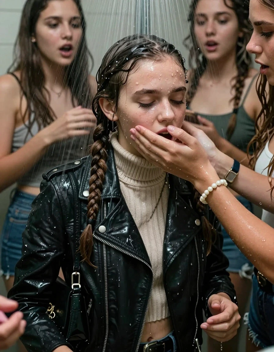 photo of young woman, in soaking wet, drenched clothes,
, , Biker leatherjacket, knit turtleneck sweater belly free, handbag, pearl necklace, bracelet, wristwatch, Orgasm Under the shower, strong jet of water, party room, 
enjoying, wet clothes stuck to body,
detailed textures of the wet clothes, wet face, wet plastered hair,
wet, drenched, professional, high-quality details, full body view.
sharp focus, ultra-high pixel detail, realistic, high-quality, full colors, incredibly detailed, 4k, 8k, 16k, hyper-realistic, RAW photo, masterpiece, ultra-detailed, professionally color graded, professional photograph, Two long braids 

 15 years old  school girl and her female  friends

Only head and shoulders are over the surface visible. Looking down. Open mouth, closed eyes. Her mouth is covered by her friends Hand.

The girls wear different clothes.

she is completely underwater up to her neck, surprised and astonished expression. 

her clothing is soaking wet and clinging tightly to her skin, showing heavy wet folds, darkened fabric texture, and deep water-saturated Patches, her clothes are heavy from the water, water runs from her body and her clothes in streams. A lot of water also runs out of her clothes. Her clothes are darkened by the water. Her submerged clothes are good visible under the water.  she soaked her handbag into the water.

close up view, wet skin, wet clothes, wet hair, damp fabric, water runs down the clothes, wet skin, wet clothes, damp fabric. cinematic medium shot, hyper-realistic wetness, high-contrast water sheen, sharp focus, 16k resolution, professional photography, realistic water physics., wet skin, wet clothes, damp fabric, wet skin, wet clothes, damp fabric, wet skin, wet clothes, damp fabric, wet skin, wet clothes, damp fabric, wet skin, wet clothes, damp fabric, wet skin, wet clothes, damp fabric, wet skin, wet clothes, damp fabric