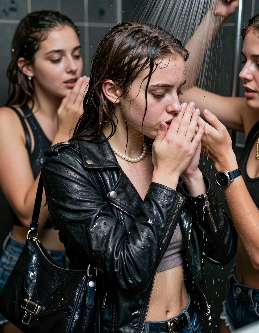 photo of young woman, in soaking wet, drenched clothes,
, , Biker leatherjacket, sweater belly free, shoulderbag, pearl necklace, bracelet, wristwatch, Orgasm Under the shower, strong jet of water, party room, 
enjoying, wet clothes stuck to body,
detailed textures of the wet clothes, wet face, wet plastered hair,
wet, drenched, professional, high-quality details, full body view.
sharp focus, ultra-high pixel detail, realistic, high-quality, full colors, incredibly detailed, 4k, 8k, 16k, hyper-realistic, RAW photo, masterpiece, ultra-detailed, professionally color graded, professional photograph, Sleek long ponytail with bangs

 15 years old  school girl and her female  friends

Only head and shoulders are over the surface visible. Looking down to the side.  closed eyes . Her mouth is covered by her friends Hand. hugs her friend.

The girls wear different clothes.

she is completely underwater up to her neck, horny and Strenuous painful expression. 

her clothing is soaking wet and clinging tightly to her skin, showing heavy wet folds, darkened fabric texture, and deep water-saturated Patches, her clothes are heavy from the water, water runs from her body and her clothes in streams. A lot of water also runs out of her clothes. Her clothes are darkened by the water. Her submerged clothes are good visible under the water.  she soaked her handbag into the water.

close up view, wet skin, wet clothes, wet hair, damp fabric, water runs down the clothes, wet skin, wet clothes, damp fabric. cinematic medium shot, hyper-realistic wetness, high-contrast water sheen, sharp focus, 16k resolution, professional photography, realistic water physics., wet skin, wet clothes, damp fabric, wet skin, wet clothes, damp fabric, wet skin, wet clothes, damp fabric, wet skin, wet clothes, damp fabric, wet skin, wet clothes, damp fabric, wet skin, wet clothes, damp fabric, wet skin, wet clothes, damp fabric, wet skin, wet clothes, damp fabric