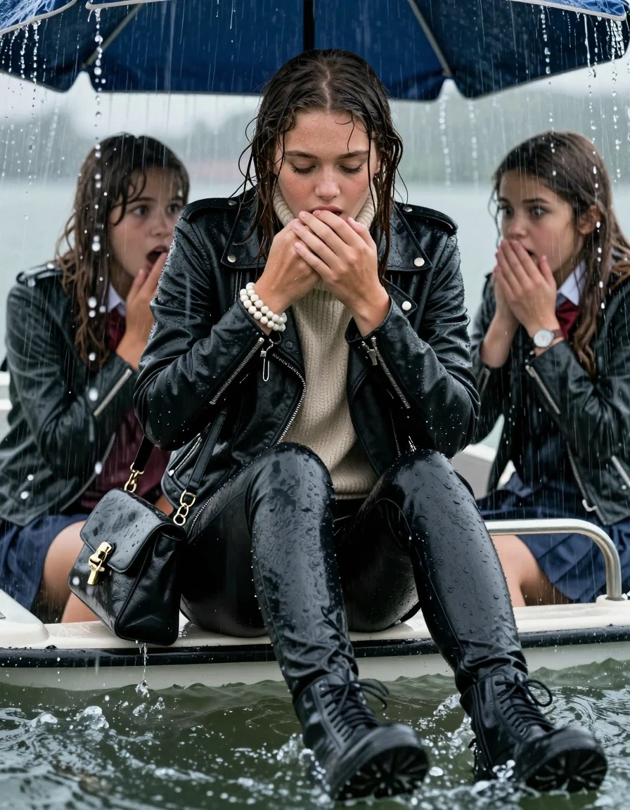 photo of young woman, in soaking wet, drenched clothes,
Ankle boots, Black leatherleggings , Biker leatherjacket, knit turtleneck sweater belly free, handbag, pearl necklace, bracelet, wristwatch, Sitting Under a flood of water from the canopy of a sinking boat during extremely heavy rain, 
enjoying, wet clothes stuck to body,
detailed textures of the wet clothes, wet face, wet plastered hair,
wet, drenched, professional, high-quality details, full body view.
sharp focus, ultra-high pixel detail, realistic, high-quality, full colors, incredibly detailed, 4k, 8k, 16k, hyper-realistic, RAW photo, masterpiece, ultra-detailed, professionally color graded, professional photograph, 15 years old  school girl and her friends. Completely soaked to the Skin.

Open mouth, hands on her mouth, looking down. One Hand Covers her friends mouth. 

The girls wear different clothes.

she is completely underwater up to her neck, surprised and astonished expression. 

her clothing is soaking wet and clinging tightly to her skin, showing heavy wet folds, darkened fabric texture, and deep water-saturated Patches, her clothes are heavy from the water, water runs from her body and her clothes in streams. A lot of water also runs out of her clothes. Her clothes are darkened by the water. Her submerged clothes are good visible under the water.  she soaked her handbag into the water.

close up view, wet skin, wet clothes, wet hair, damp fabric, water runs down the clothes, wet skin, wet clothes, damp fabric. cinematic medium shot, hyper-realistic wetness, high-contrast water sheen, sharp focus, 16k resolution, professional photography, realistic water physics., wet skin, wet clothes, damp fabric, wet skin, wet clothes, damp fabric, wet skin, wet clothes, damp fabric, wet skin, wet clothes, damp fabric, wet skin, wet clothes, damp fabric, wet skin, wet clothes, damp fabric, wet skin, wet clothes, damp fabric, wet skin, wet clothes, damp fabric, wet skin, wet clothes, damp fabric