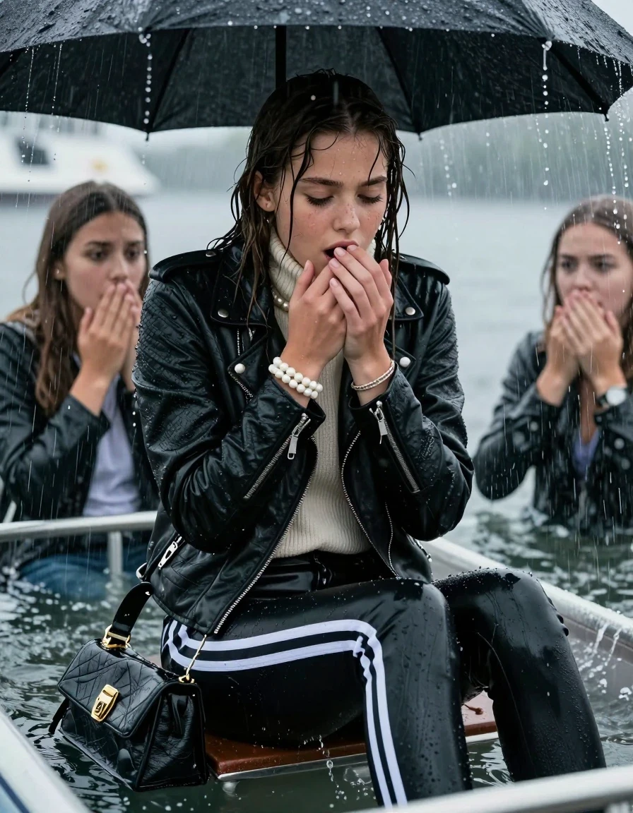 photo of young woman, in soaking wet, drenched clothes,
Adidas Samba black striped, Black leatherleggings , Biker leatherjacket, knit turtleneck sweater belly free, handbag, pearl necklace, bracelet, wristwatch, Sitting Under a flood of water from the canopy of a sinking boat during extremely heavy rain, 
enjoying, wet clothes stuck to body,
detailed textures of the wet clothes, wet face, wet plastered hair,
wet, drenched, professional, high-quality details, full body view.
sharp focus, ultra-high pixel detail, realistic, high-quality, full colors, incredibly detailed, 4k, 8k, 16k, hyper-realistic, RAW photo, masterpiece, ultra-detailed, professionally color graded, professional photograph, 15 years old teenage girl and her friends. Completely soaked to the Skin.

Open mouth, hands on her mouth, looking down. One Hand Covers her friends mouth. 

The girls wear different clothes.

she is completely underwater up to her neck, surprised and astonished expression. 

her clothing is soaking wet and clinging tightly to her skin, showing heavy wet folds, darkened fabric texture, and deep water-saturated Patches, her clothes are heavy from the water, water runs from her body and her clothes in streams. A lot of water also runs out of her clothes. Her clothes are darkened by the water. Her submerged clothes are good visible under the water.  she soaked her handbag into the water.

close up view, wet skin, wet clothes, wet hair, damp fabric, water runs down the clothes, wet skin, wet clothes, damp fabric. cinematic medium shot, hyper-realistic wetness, high-contrast water sheen, sharp focus, 16k resolution, professional photography, realistic water physics., wet skin, wet clothes, damp fabric, wet skin, wet clothes, damp fabric, wet skin, wet clothes, damp fabric, wet skin, wet clothes, damp fabric, wet skin, wet clothes, damp fabric, wet skin, wet clothes, damp fabric, wet skin, wet clothes, damp fabric, wet skin, wet clothes, damp fabric, wet skin, wet clothes, damp fabric