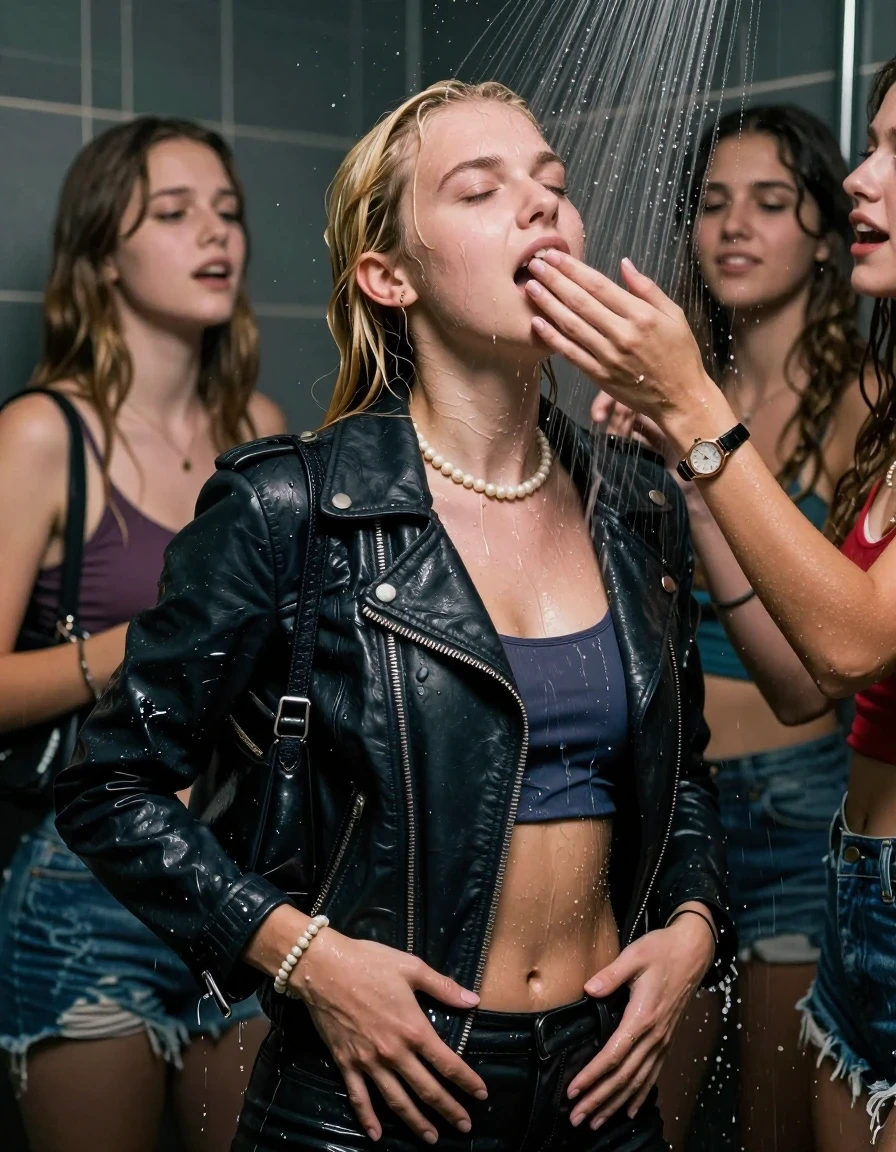 photo of young woman, in soaking wet, drenched clothes,
, , Biker leatherjacket, crop top, shoulderbag, pearl necklace, bracelet, wristwatch, Orgasm Under the shower, strong jet of water, party room, 
enjoying, wet clothes stuck to body,
detailed textures of the wet clothes, wet face, wet plastered hair,
wet, drenched, professional, high-quality details, full body view.
sharp focus, ultra-high pixel detail, realistic, high-quality, full colors, incredibly detailed, 4k, 8k, 16k, hyper-realistic, RAW photo, masterpiece, ultra-detailed, professionally color graded, professional photograph, Blonde Sleek long ponytail with bangs

 15 years old  school girl and her female  friends
Looking up to the side. Moaning. Open mouth, closed eyes. Hands on her tighs. Her mouth is covered by her friends Hand.

The girls wear different clothes.

she is completely underwater up to her neck, horny and in ecstacy. 

her clothing is soaking wet and clinging tightly to her skin, showing heavy wet folds, darkened fabric texture, and deep water-saturated Patches, her clothes are heavy from the water, water runs from her body and her clothes in streams. A lot of water also runs out of her clothes. Her clothes are darkened by the water. Her submerged clothes are good visible under the water.  she soaked her handbag into the water.

close up view, wet skin, wet clothes, wet hair, damp fabric, water runs down the clothes, wet skin, wet clothes, damp fabric. cinematic medium shot, hyper-realistic wetness, high-contrast water sheen, sharp focus, 16k resolution, professional photography, realistic water physics., wet skin, wet clothes, damp fabric, wet skin, wet clothes, damp fabric, wet skin, wet clothes, damp fabric, wet skin, wet clothes, damp fabric, wet skin, wet clothes, damp fabric, wet skin, wet clothes, damp fabric, wet skin, wet clothes, damp fabric