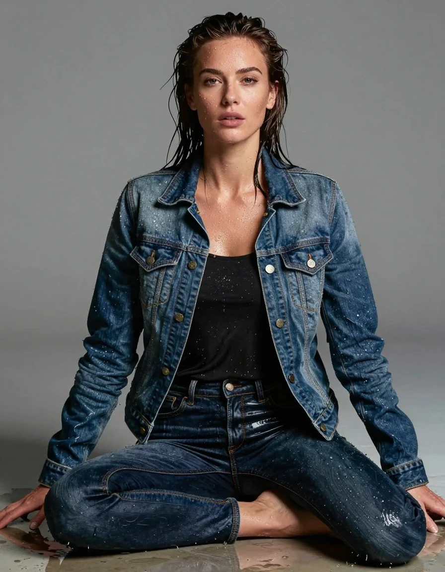 photo of young woman, in soaking wet, drenched clothes,
Lederjeans, Jeansjacke offene jeansbluse, , 
enjoying, wet clothes stuck to body,
detailed textures of the wet clothes, wet face, wet plastered hair,
wet, drenched, professional, high-quality details, full body view.
sharp focus, ultra-high pixel detail, realistic, high-quality, full colors, incredibly detailed, 4k, 8k, 16k, hyper-realistic, RAW photo, masterpiece, ultra-detailed, professionally color graded, professional photograph, Schlamm liegen, wet skin, wet clothes, damp fabric