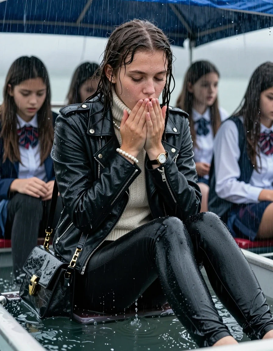 photo of young woman, in soaking wet, drenched clothes,
, Black leatherleggings , Biker leatherjacket, knit turtleneck sweater belly free, handbag, pearl necklace, bracelet, wristwatch, Sitting Under a flood of water from the canopy of a boat during extremely heavy rain, 
enjoying, wet clothes stuck to body,
detailed textures of the wet clothes, wet face, wet plastered hair,
wet, drenched, professional, high-quality details, full body view.
sharp focus, ultra-high pixel detail, realistic, high-quality, full colors, incredibly detailed, 4k, 8k, 16k, hyper-realistic, RAW photo, masterpiece, ultra-detailed, professionally color graded, professional photograph, 15 years old  school girl and her friends. Completely soaked to the Skin.

Open mouth, hands on her mouth, looking down. 

The girls wear different clothes.

she is completely underwater up to her neck, surprised and astonished expression. 

her clothing is soaking wet and clinging tightly to her skin, showing heavy wet folds, darkened fabric texture, and deep water-saturated Patches, her clothes are heavy from the water, water runs from her body and her clothes in streams. A lot of water also runs out of her clothes. Her clothes are darkened by the water. Her submerged clothes are good visible under the water.  she soaked her handbag into the water.

close up view, wet skin, wet clothes, wet hair, damp fabric, water runs down the clothes, wet skin, wet clothes, damp fabric. cinematic medium shot, hyper-realistic wetness, high-contrast water sheen, sharp focus, 16k resolution, professional photography, realistic water physics., wet skin, wet clothes, damp fabric, wet skin, wet clothes, damp fabric, wet skin, wet clothes, damp fabric, wet skin, wet clothes, damp fabric, wet skin, wet clothes, damp fabric, wet skin, wet clothes, damp fabric, wet skin, wet clothes, damp fabric, wet skin, wet clothes, damp fabric
