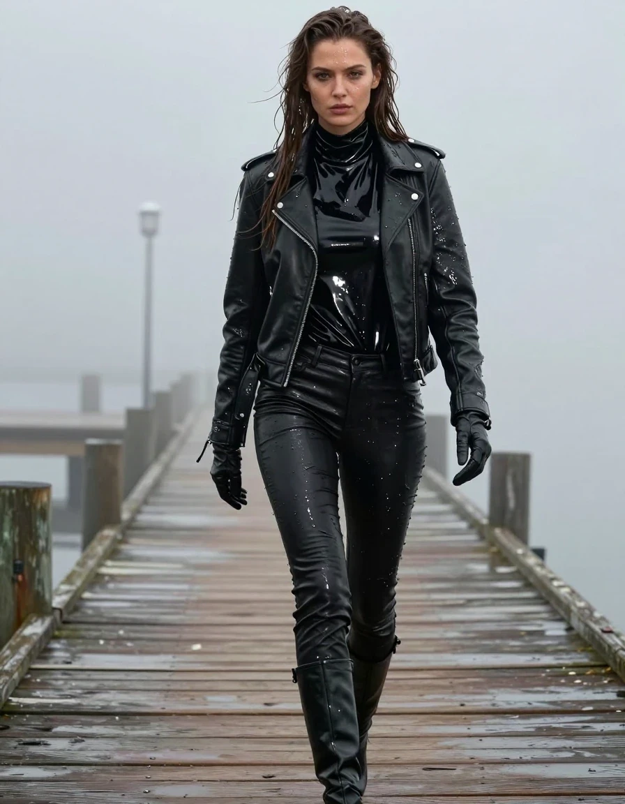A photorealistic medium-full shot of a young adult European woman with long, dripping wet brown hair, walking along a wooden pier at a misty, atmospheric dockside. She is wearing a soaking-wet black leather biker jacket over an oversized black vinyl turtleneck shirt that clings to her frame with a high-gloss, liquid-like sheen. She wears form-fitting black leather jeans that are heavily saturated, showing deep, dark patches, heavy wet folds, and intense specular reflections on the material's surface, paired with polished black leather knee-high boots. She wears fitted leather gloves on both hands. Her skin is glistening with water, and her clothing is visibly drenched, with dark, heavy fabric clinging to her body. The environment is thick with heavy mist and ambient moisture. Professional photography, sharp focus on wet textures and fabric weight, cinematic lighting, high contrast, non-nude, fully clothed, realistic anatomy.