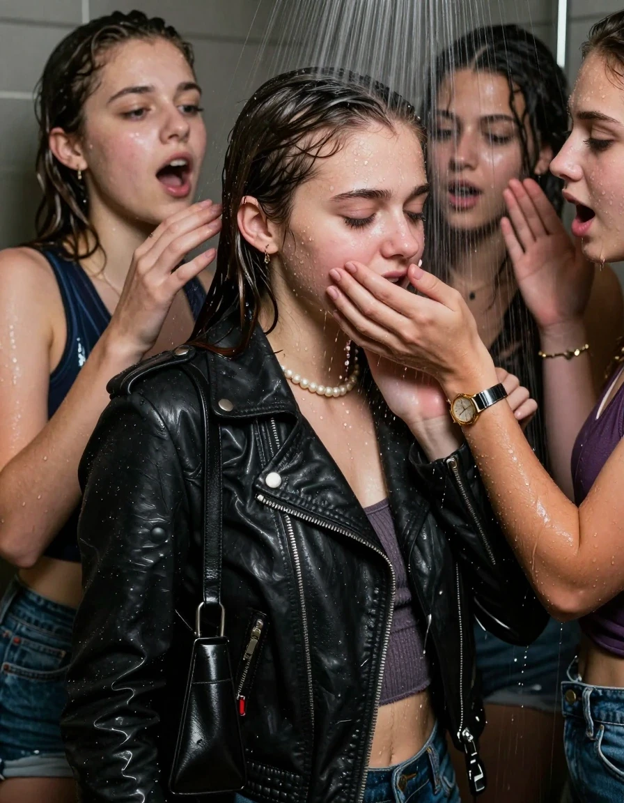 photo of young woman, in soaking wet, drenched clothes,
, , Biker leatherjacket, sweater belly free, shoulderbag, pearl necklace, bracelet, wristwatch, Orgasm Under the shower, strong jet of water, party room, 
enjoying, wet clothes stuck to body,
detailed textures of the wet clothes, wet face, wet plastered hair,
wet, drenched, professional, high-quality details, full body view.
sharp focus, ultra-high pixel detail, realistic, high-quality, full colors, incredibly detailed, 4k, 8k, 16k, hyper-realistic, RAW photo, masterpiece, ultra-detailed, professionally color graded, professional photograph, Sleek long ponytail with bangs

 15 years old  school girl and her female  friends

Only head and shoulders are over the surface visible. Looking down to the side. Open mouth, closed eyes. Her mouth is covered by her friends Hand. hugs her friend.

The girls wear different clothes. All girls have an orgasm. 

she is completely underwater up to her neck, surprised and astonished expression. 

her clothing is soaking wet and clinging tightly to her skin, showing heavy wet folds, darkened fabric texture, and deep water-saturated Patches, her clothes are heavy from the water, water runs from her body and her clothes in streams. A lot of water also runs out of her clothes. Her clothes are darkened by the water. Her submerged clothes are good visible under the water.  she soaked her handbag into the water.

close up view, wet skin, wet clothes, wet hair, damp fabric, water runs down the clothes, wet skin, wet clothes, damp fabric. cinematic medium shot, hyper-realistic wetness, high-contrast water sheen, sharp focus, 16k resolution, professional photography, realistic water physics., wet skin, wet clothes, damp fabric, wet skin, wet clothes, damp fabric, wet skin, wet clothes, damp fabric, wet skin, wet clothes, damp fabric, wet skin, wet clothes, damp fabric, wet skin, wet clothes, damp fabric, wet skin, wet clothes, damp fabric, wet skin, wet clothes, damp fabric