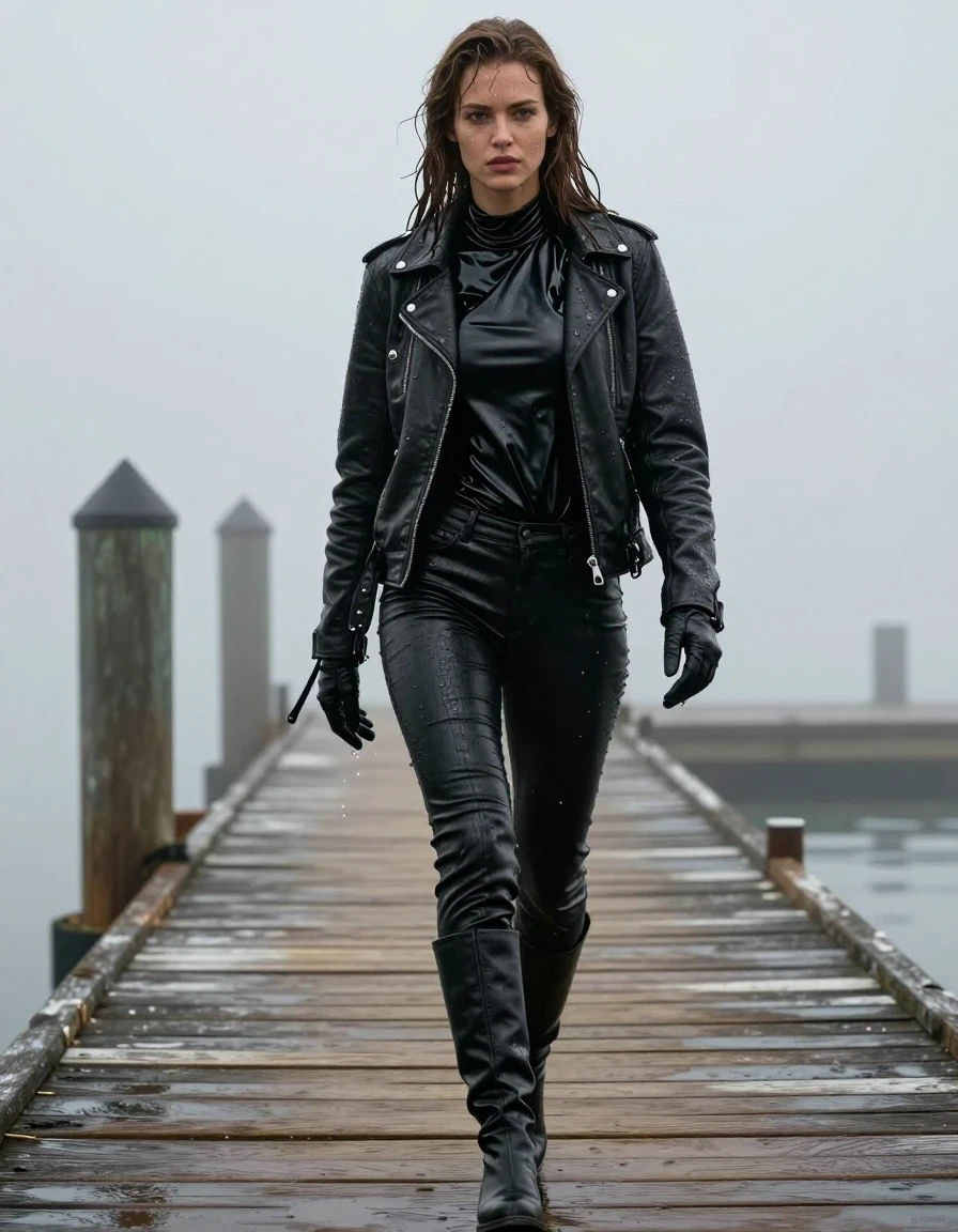 A photorealistic full-body shot of a young adult European woman with long dripping wet brown hair, walking on a wooden pier at the docks amidst heavy mist. She is wearing an oversize black vinyl polar neck shirt with a high-gloss finish, a rugged black biker's leather jacket, and black leather gloves. Her legs are clad in black leather jeans, clinging to her skin with heavy wet folds and a dark, slick sheen. She wears black leather knee-high boots. Her skin is visibly drenched with water, and her clothes are saturated, heavy, and clinging to her frame with damp fabric textures and water sheen. The lighting is moody and cinematic, highlighting the moisture on the surfaces of the leather and vinyl. The scene is strictly non-nude, focusing on the textures of wet materials in a misty, atmospheric dockside environment, captured with high-detail photographic precision.