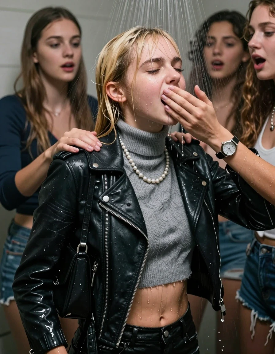 photo of young woman, in soaking wet, drenched clothes,
, , Biker leatherjacket, grey knit turtleneck sweater belly free, shoulderbag, pearl necklace, bracelet, wristwatch, Orgasm Under the shower, strong jet of water, party room, 
enjoying, wet clothes stuck to body,
detailed textures of the wet clothes, wet face, wet plastered hair,
wet, drenched, professional, high-quality details, full body view.
sharp focus, ultra-high pixel detail, realistic, high-quality, full colors, incredibly detailed, 4k, 8k, 16k, hyper-realistic, RAW photo, masterpiece, ultra-detailed, professionally color graded, professional photograph, Blonde Sleek long ponytail with bangs

 15 years old  school girl and her female  friends
Looking up to the side. Moaning. Open mouth, closed eyes. Hands on her back. Her mouth is covered by her friends Hand.

The girls wear different clothes.

she is completely underwater up to her neck, surprised and astonished expression. 

her clothing is soaking wet and clinging tightly to her skin, showing heavy wet folds, darkened fabric texture, and deep water-saturated Patches, her clothes are heavy from the water, water runs from her body and her clothes in streams. A lot of water also runs out of her clothes. Her clothes are darkened by the water. Her submerged clothes are good visible under the water.  she soaked her handbag into the water.

close up view, wet skin, wet clothes, wet hair, damp fabric, water runs down the clothes, wet skin, wet clothes, damp fabric. cinematic medium shot, hyper-realistic wetness, high-contrast water sheen, sharp focus, 16k resolution, professional photography, realistic water physics., wet skin, wet clothes, damp fabric, wet skin, wet clothes, damp fabric, wet skin, wet clothes, damp fabric, wet skin, wet clothes, damp fabric, wet skin, wet clothes, damp fabric, wet skin, wet clothes, damp fabric, wet skin, wet clothes, damp fabric