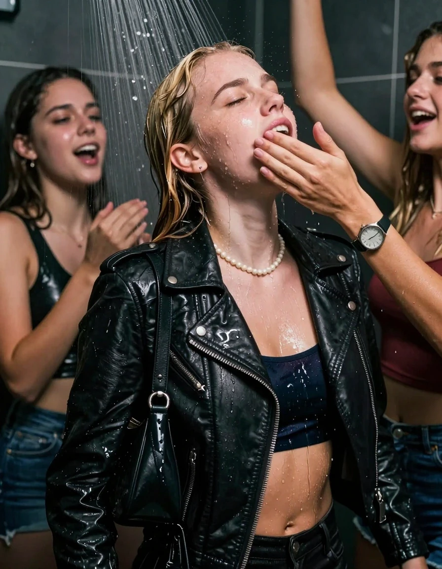 photo of young woman, in soaking wet, drenched clothes,
, , Biker leatherjacket, crop top, shoulderbag, pearl necklace, bracelet, wristwatch, Orgasm Under the shower, strong jet of water, party room, 
enjoying, wet clothes stuck to body,
detailed textures of the wet clothes, wet face, wet plastered hair,
wet, drenched, professional, high-quality details, full body view.
sharp focus, ultra-high pixel detail, realistic, high-quality, full colors, incredibly detailed, 4k, 8k, 16k, hyper-realistic, RAW photo, masterpiece, ultra-detailed, professionally color graded, professional photograph, Blonde Sleek long ponytail with bangs

 15 years old  school girl and her female  friends
Looking up to the side. Moaning. Open mouth, closed eyes. Her mouth is covered by her friends Hand.

The girls wear different clothes.

she is completely underwater up to her neck, horny and in ecstacy. 

her clothing is soaking wet and clinging tightly to her skin, showing heavy wet folds, darkened fabric texture, and deep water-saturated Patches, her clothes are heavy from the water, water runs from her body and her clothes in streams. A lot of water also runs out of her clothes. Her clothes are darkened by the water. Her submerged clothes are good visible under the water.  she soaked her handbag into the water.

close up view, wet skin, wet clothes, wet hair, damp fabric, water runs down the clothes, wet skin, wet clothes, damp fabric. cinematic medium shot, hyper-realistic wetness, high-contrast water sheen, sharp focus, 16k resolution, professional photography, realistic water physics., wet skin, wet clothes, damp fabric, wet skin, wet clothes, damp fabric, wet skin, wet clothes, damp fabric, wet skin, wet clothes, damp fabric, wet skin, wet clothes, damp fabric, wet skin, wet clothes, damp fabric, wet skin, wet clothes, damp fabric
