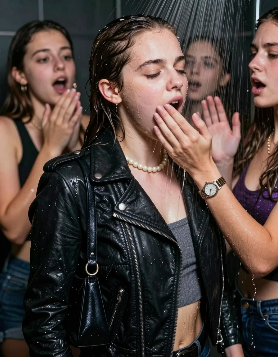 photo of young woman, in soaking wet, drenched clothes,
, , Biker leatherjacket, sweater belly free, shoulderbag, pearl necklace, bracelet, wristwatch, Orgasm Under the shower, strong jet of water, party room, 
enjoying, wet clothes stuck to body,
detailed textures of the wet clothes, wet face, wet plastered hair,
wet, drenched, professional, high-quality details, full body view.
sharp focus, ultra-high pixel detail, realistic, high-quality, full colors, incredibly detailed, 4k, 8k, 16k, hyper-realistic, RAW photo, masterpiece, ultra-detailed, professionally color graded, professional photograph, Sleek long ponytail with bangs

 15 years old  school girl and her female  friends

Only head and shoulders are over the surface visible. Looking down to the side. Open mouth, closed eyes, yawning.  Her mouth is covered by her friends Hand. hugs her friend.

The girls wear different clothes. All girls have an orgasm. 

she is completely underwater up to her neck, surprised and astonished expression. 

her clothing is soaking wet and clinging tightly to her skin, showing heavy wet folds, darkened fabric texture, and deep water-saturated Patches, her clothes are heavy from the water, water runs from her body and her clothes in streams. A lot of water also runs out of her clothes. Her clothes are darkened by the water. Her submerged clothes are good visible under the water.  she soaked her handbag into the water.

close up view, wet skin, wet clothes, wet hair, damp fabric, water runs down the clothes, wet skin, wet clothes, damp fabric. cinematic medium shot, hyper-realistic wetness, high-contrast water sheen, sharp focus, 16k resolution, professional photography, realistic water physics., wet skin, wet clothes, damp fabric, wet skin, wet clothes, damp fabric, wet skin, wet clothes, damp fabric, wet skin, wet clothes, damp fabric, wet skin, wet clothes, damp fabric, wet skin, wet clothes, damp fabric, wet skin, wet clothes, damp fabric, wet skin, wet clothes, damp fabric