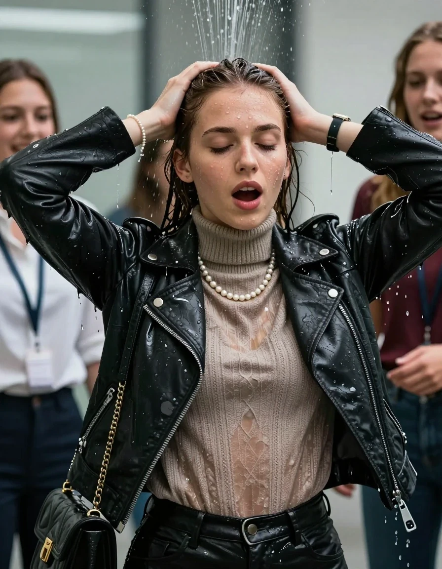 photo of young woman, in soaking wet, drenched clothes,
, , Biker leatherjacket, knit turtleneck sweater belly free, handbag, pearl necklace, bracelet, wristwatch, Under the sprinkler at office with her friends, 
enjoying, wet clothes stuck to body,
detailed textures of the wet clothes, wet face, wet plastered hair,
wet, drenched, professional, high-quality details, full body view.
sharp focus, ultra-high pixel detail, realistic, high-quality, full colors, incredibly detailed, 4k, 8k, 16k, hyper-realistic, RAW photo, masterpiece, ultra-detailed, professionally color graded, professional photograph, 15 years old  school girl and her friends. Completely soaked to the Skin.

Only head and shoulders are over the surface visible. Open mouth, closed eyes. Hands over her head. 

The girls wear different clothes.

she is completely underwater up to her neck, surprised and astonished expression. 

her clothing is soaking wet and clinging tightly to her skin, showing heavy wet folds, darkened fabric texture, and deep water-saturated Patches, her clothes are heavy from the water, water runs from her body and her clothes in streams. A lot of water also runs out of her clothes. Her clothes are darkened by the water. Her submerged clothes are good visible under the water.  she soaked her handbag into the water.

close up view, wet skin, wet clothes, wet hair, damp fabric, water runs down the clothes, wet skin, wet clothes, damp fabric. cinematic medium shot, hyper-realistic wetness, high-contrast water sheen, sharp focus, 16k resolution, professional photography, realistic water physics., wet skin, wet clothes, damp fabric, wet skin, wet clothes, damp fabric, wet skin, wet clothes, damp fabric, wet skin, wet clothes, damp fabric, wet skin, wet clothes, damp fabric, wet skin, wet clothes, damp fabric, wet skin, wet clothes, damp fabric