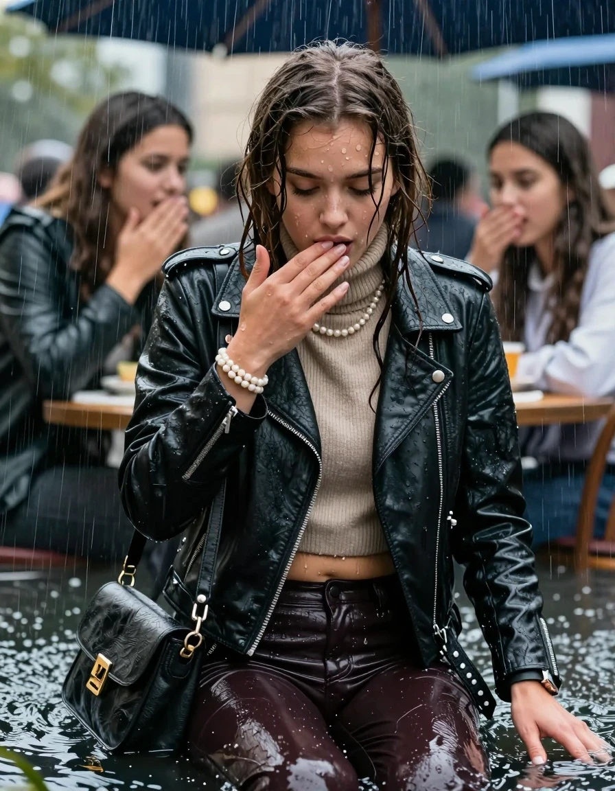 photo of young woman, in soaking wet, drenched clothes,
, , Biker leatherjacket, knit turtleneck sweater belly free, handbag, pearl necklace, bracelet, wristwatch, Sitting Under a flood of water from the canopy of an outdoor restaurant during extremely heavy rain, 
enjoying, wet clothes stuck to body,
detailed textures of the wet clothes, wet face, wet plastered hair,
wet, drenched, professional, high-quality details, full body view.
sharp focus, ultra-high pixel detail, realistic, high-quality, full colors, incredibly detailed, 4k, 8k, 16k, hyper-realistic, RAW photo, masterpiece, ultra-detailed, professionally color graded, professional photograph, 15 years old  school girl and her friends. Completely soaked to the Skin.

Open mouth, hands down, looking down. One Hand Covers her friends mouth. 

The girls wear different clothes.

she is completely underwater up to her neck, surprised and astonished expression. 

her clothing is soaking wet and clinging tightly to her skin, showing heavy wet folds, darkened fabric texture, and deep water-saturated Patches, her clothes are heavy from the water, water runs from her body and her clothes in streams. A lot of water also runs out of her clothes. Her clothes are darkened by the water. Her submerged clothes are good visible under the water.  she soaked her handbag into the water.

close up view, wet skin, wet clothes, wet hair, damp fabric, water runs down the clothes, wet skin, wet clothes, damp fabric. cinematic medium shot, hyper-realistic wetness, high-contrast water sheen, sharp focus, 16k resolution, professional photography, realistic water physics., wet skin, wet clothes, damp fabric, wet skin, wet clothes, damp fabric, wet skin, wet clothes, damp fabric, wet skin, wet clothes, damp fabric, wet skin, wet clothes, damp fabric, wet skin, wet clothes, damp fabric, wet skin, wet clothes, damp fabric, wet skin, wet clothes, damp fabric, wet skin, wet clothes, damp fabric