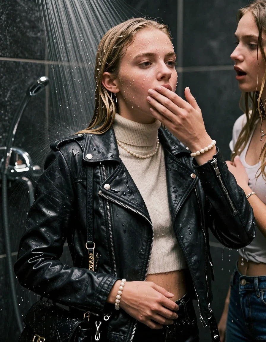 photo of young woman, in soaking wet, drenched clothes,
, , Biker leatherjacket, knit turtleneck sweater belly free, handbag, pearl necklace, bracelet, wristwatch, Under the shower, strong jet of water, party room, 
enjoying, wet clothes stuck to body,
detailed textures of the wet clothes, wet face, wet plastered hair,
wet, drenched, professional, high-quality details, full body view.
sharp focus, ultra-high pixel detail, realistic, high-quality, full colors, incredibly detailed, 4k, 8k, 16k, hyper-realistic, RAW photo, masterpiece, ultra-detailed, professionally color graded, professional photograph, Sleek Blonde Collarbone bob

 15 years old  school girl and her friend

Only head and shoulders are over the surface visible. One Hand Covers her friends mouth.

The girls wear different clothes.

she is completely underwater up to her neck, surprised and astonished expression. 

her clothing is soaking wet and clinging tightly to her skin, showing heavy wet folds, darkened fabric texture, and deep water-saturated Patches, her clothes are heavy from the water, water runs from her body and her clothes in streams. A lot of water also runs out of her clothes. Her clothes are darkened by the water. Her submerged clothes are good visible under the water.  she soaked her handbag into the water.

close up view, wet skin, wet clothes, wet hair, damp fabric, water runs down the clothes, wet skin, wet clothes, damp fabric. cinematic medium shot, hyper-realistic wetness, high-contrast water sheen, sharp focus, 16k resolution, professional photography, realistic water physics., wet skin, wet clothes, damp fabric, wet skin, wet clothes, damp fabric, wet skin, wet clothes, damp fabric, wet skin, wet clothes, damp fabric, wet skin, wet clothes, damp fabric, wet skin, wet clothes, damp fabric, wet skin, wet clothes, damp fabric
